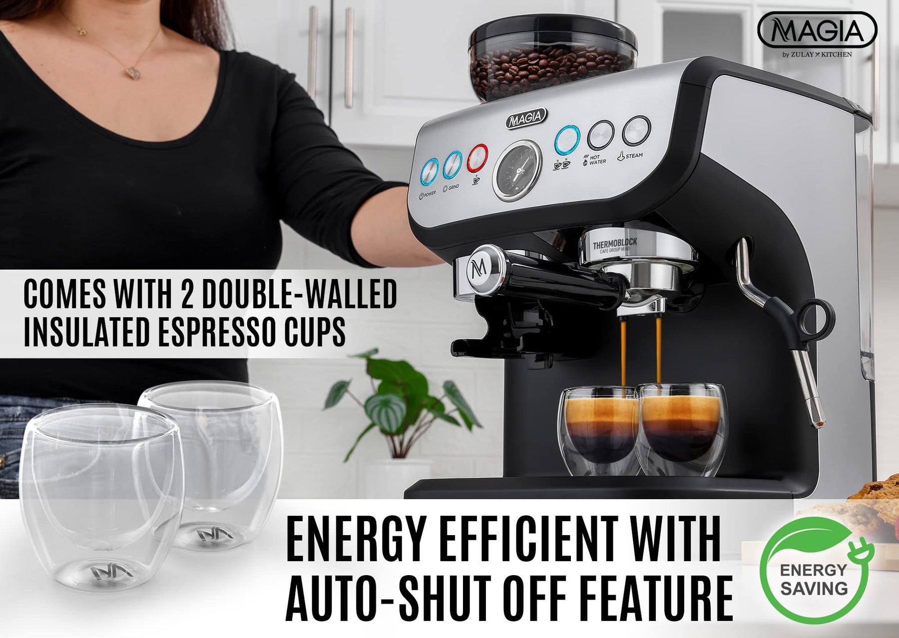 Zulay Kitchen Magia Manuelle Espressomaschine mit Mahlwerk und Milchaufschäumer – 15 Bar Druckpumpe, Cappuccinomaschine – Latte-Maschine – &amp; extragroßer abnehmbarer 2-Liter-Wassertank