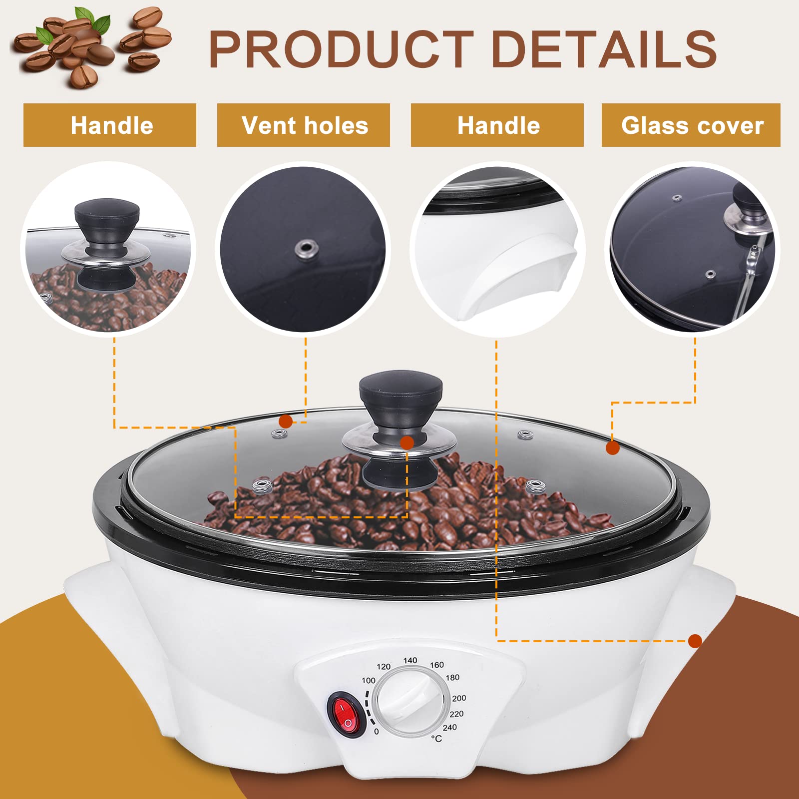 JIAWANSHUN Electric Coffee Bean Roaster Machine 500g(1.1lb) for Home Use,1200W Nut Roaster,for Beginner 110V