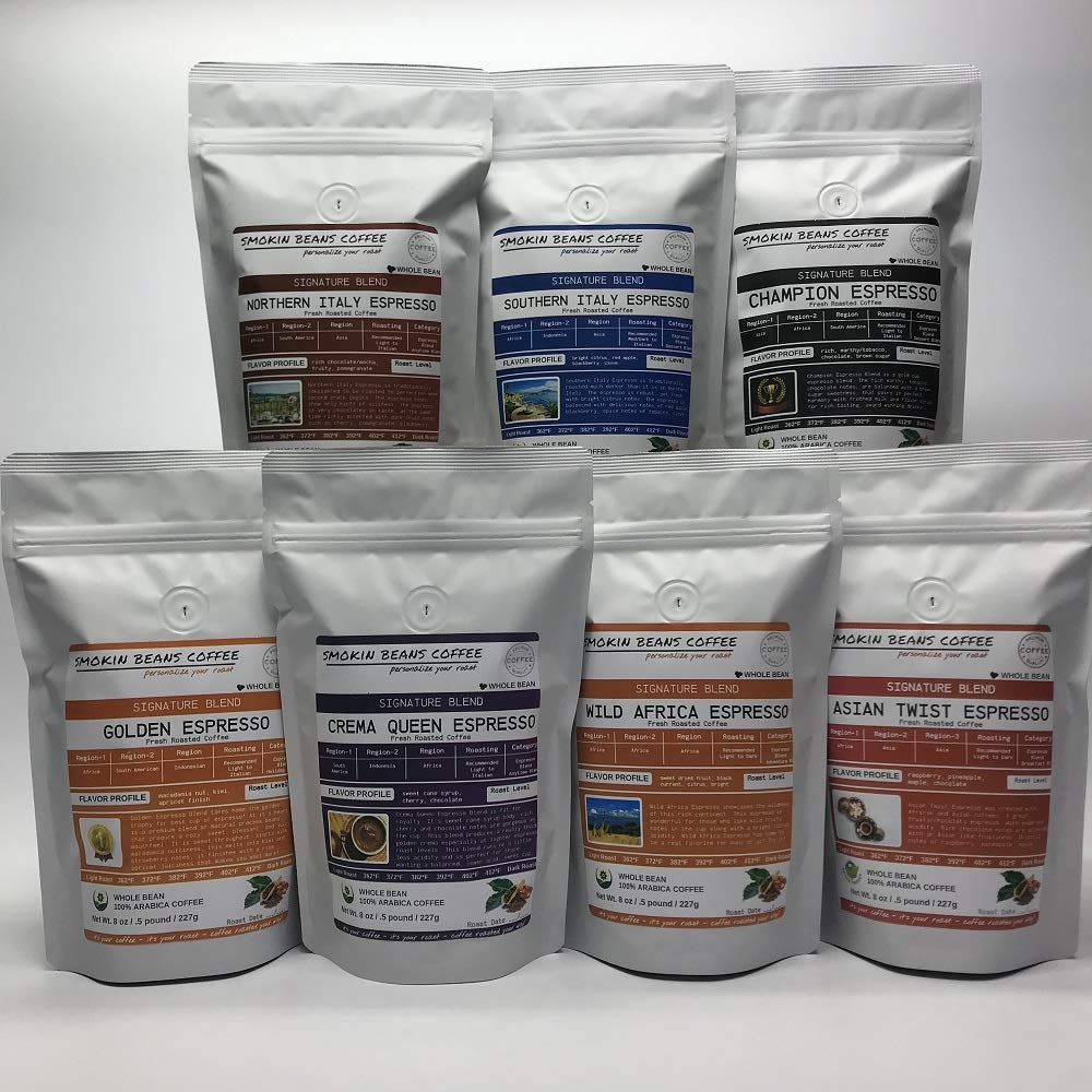 7 Espresso Blends Combo Bean Box (Fresh Roasted Coffee) 7 bags 8oz each roasted-to-order daily various roasts whole bean we can grind, provide lighter or darker roast upon request message at checkout