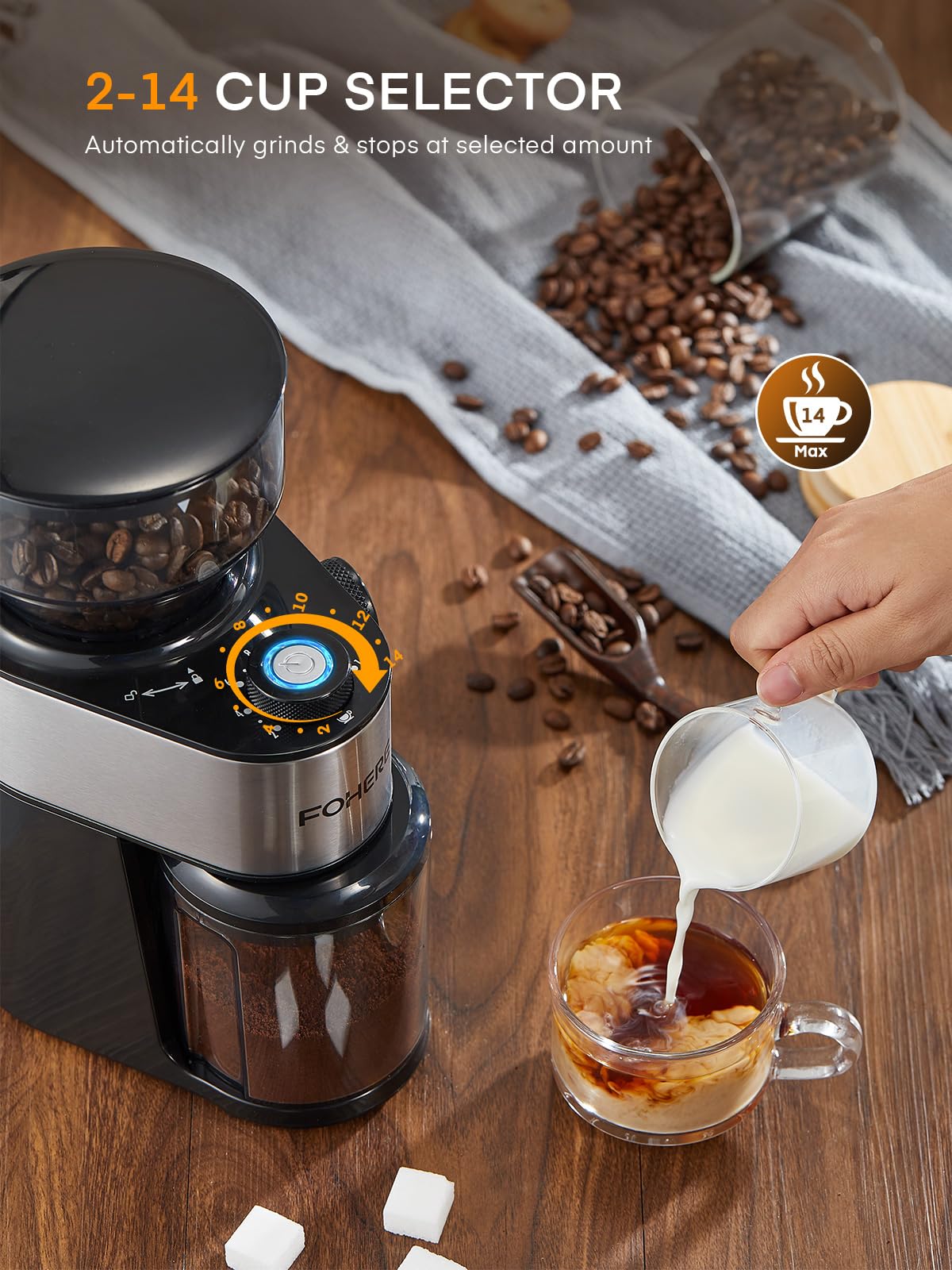 Burr Coffee Grinder Electric, Coffee Bean Grinder with 18 Precise Grind Settings, 14 Cup Automatic Flat Burr Coffee for French Press, Drip Coffee, and Espresso, Stainless Steel, Black