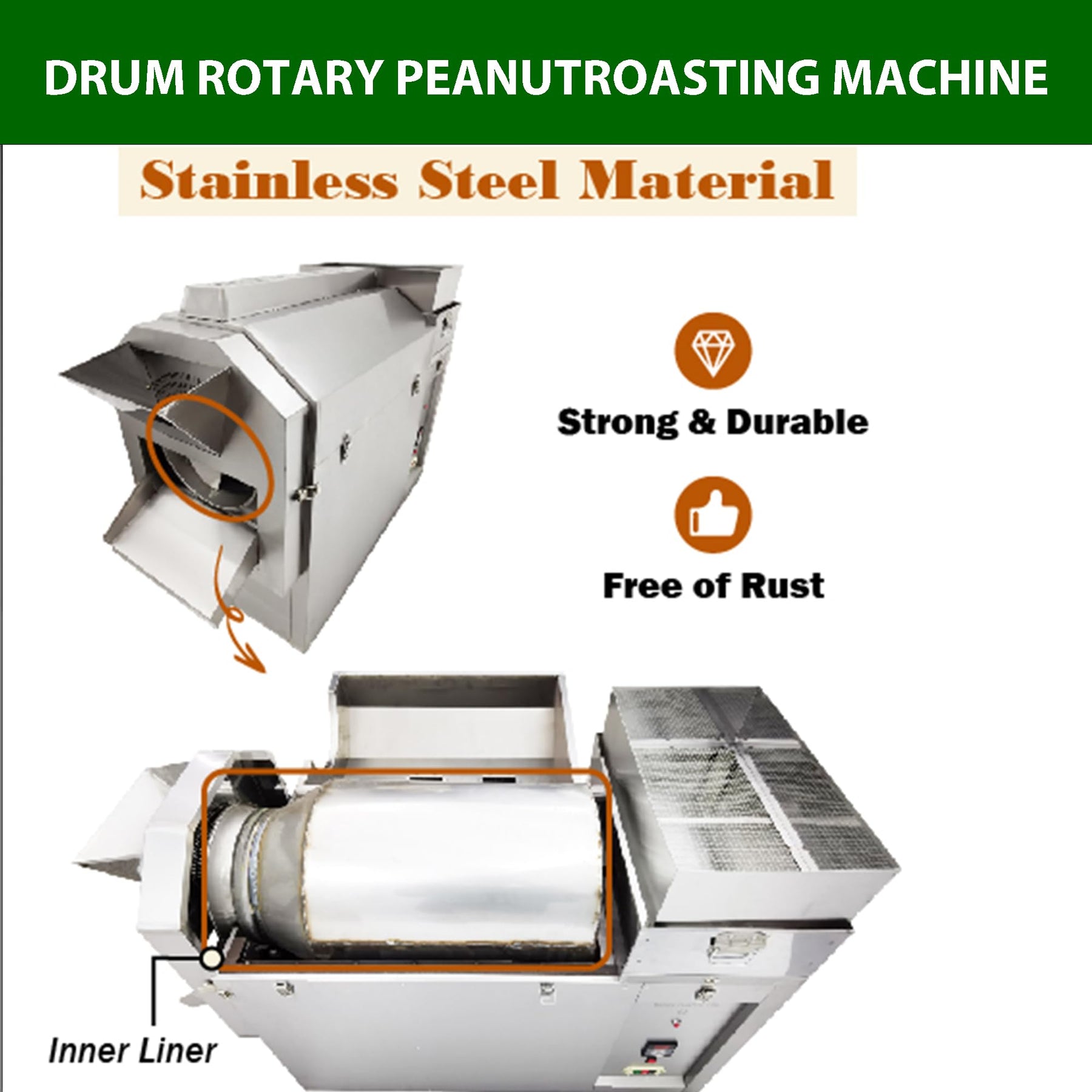 EQCOTWEA Commercial Roaster Machine 55LB Drum Rotary Roasting Machine Stainless Steel Peanut Walnut Chestnut Roasting Stir-Fry Drying Roaster Machine 0-300℃ 220V 3 Phase