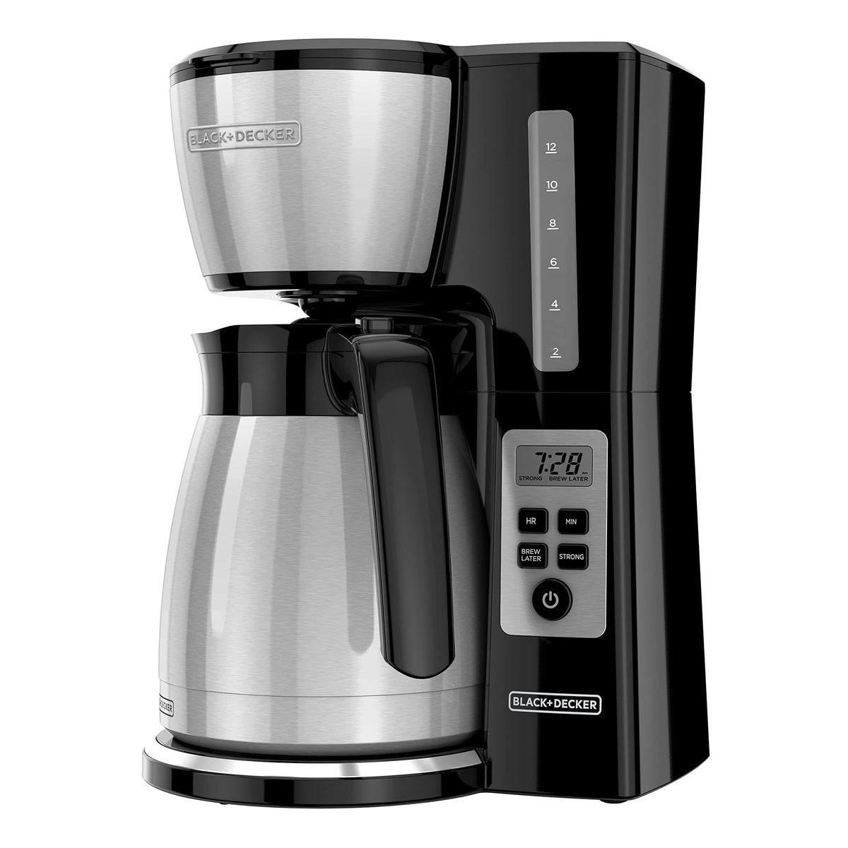 BLACK+DECKER 12-Tassen-Kaffeemaschine mit Thermo-Programmierung, Brühstärke und VORTEX-Technologie, Schwarz/Stahl