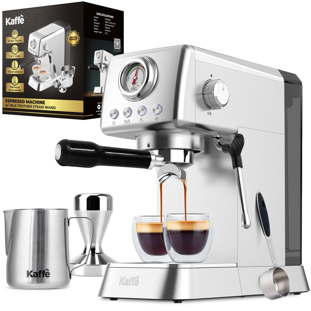 Kaffe 20 Bar Espressomaschine mit Premium-Zubehör und Milchaufschäumer – Edelstahl – Hochdruck-Pump-Kaffeemaschine – Thermoblock-System für schnelleres Aufheizen und abnehmbarer Wassertank