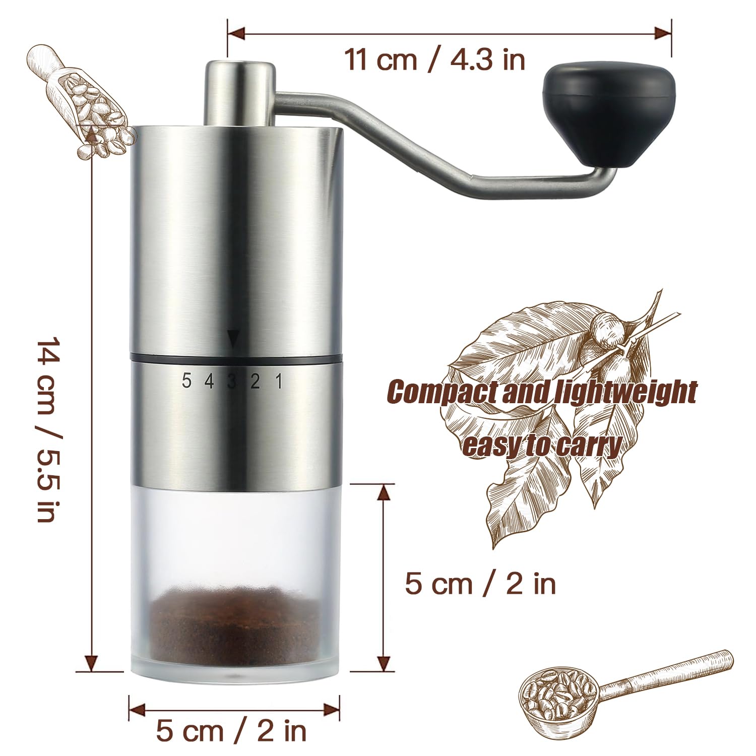 EZLucky Portable Manual Coffee Grinder - Conical Burr with 5 Adjustable Settings for Smooth Grinding, Perfect for Espresso Enthusiasts at Home, Office, or Camping