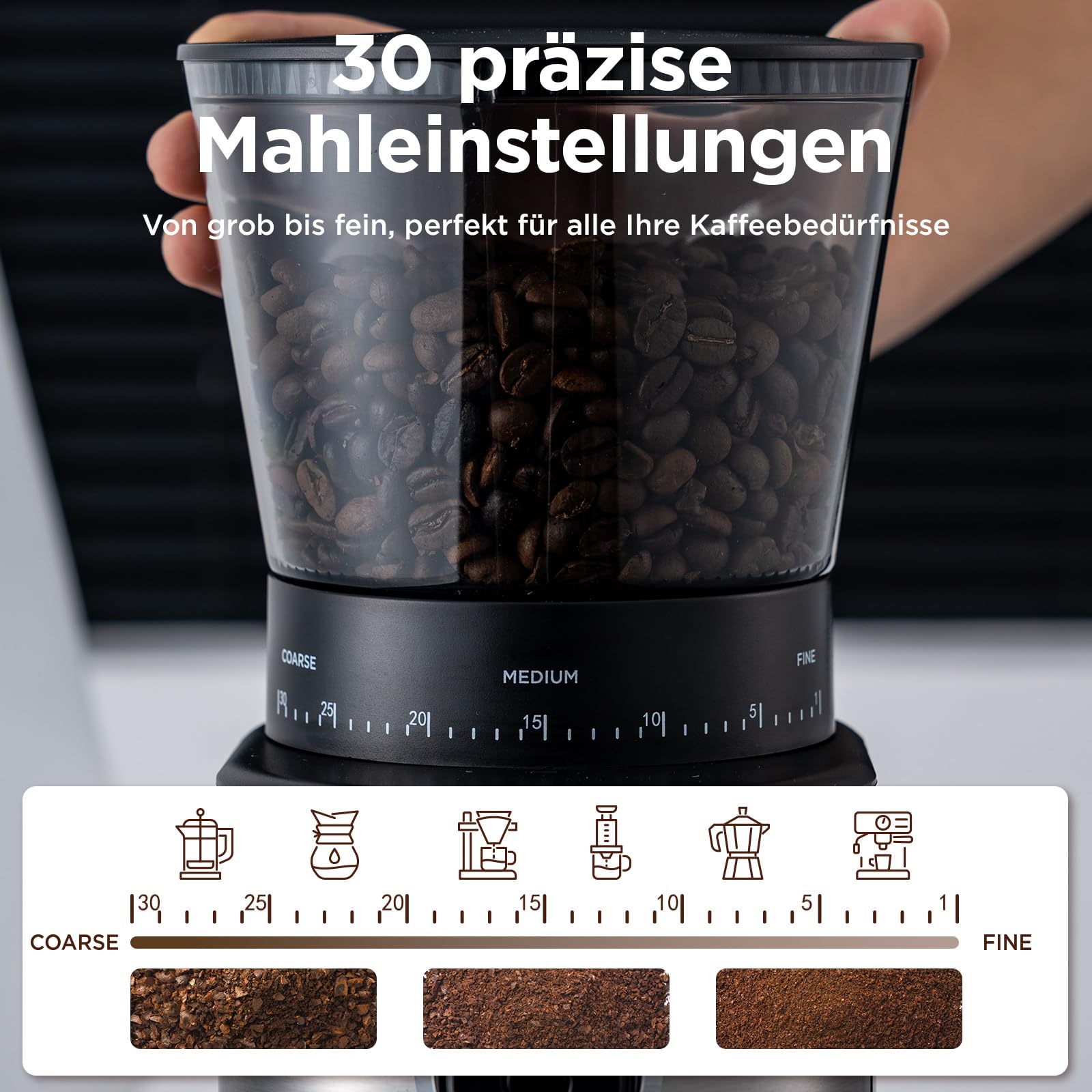 Ollygrin Kaffeemühle mit Kegelmahlwerk, elektrische konische Kaffeebohnenmühle mit 30 einstellbaren Mahlgradeinstellungen für 2–12 Tassen, Silber und Schwarz