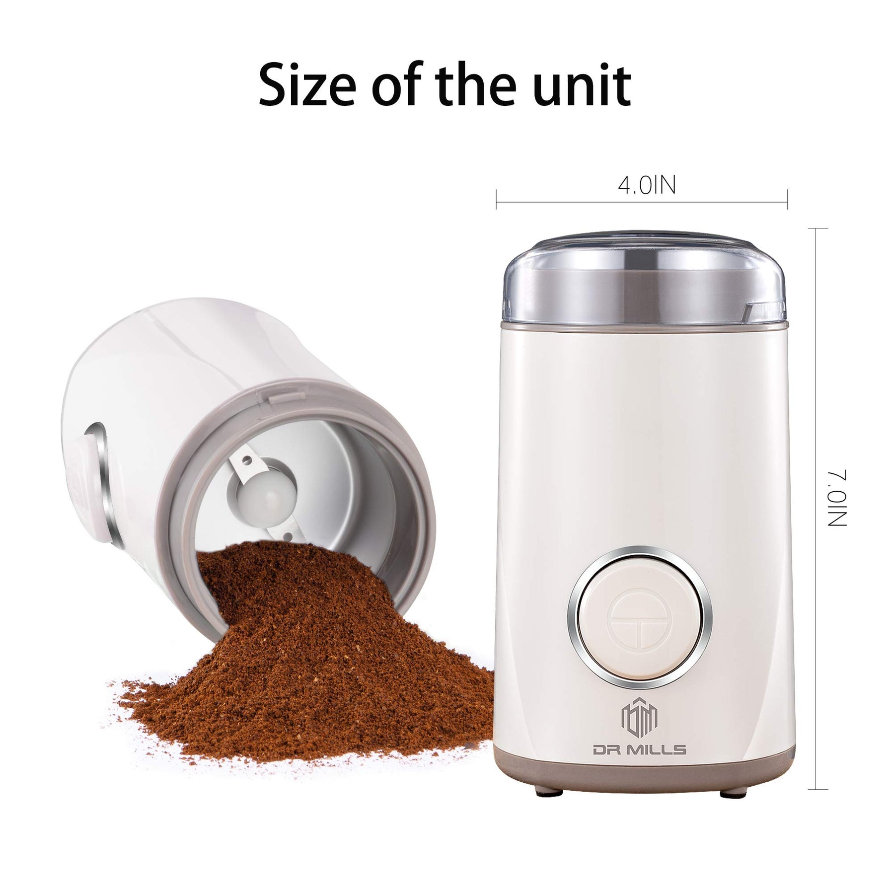 DR MILLS DM-7441 Coffee Grinder Electric, Coffee Bean and Dried Spice Grinder, One Touch Operation, Blade and cup made with SUS304 stainless steel (White)