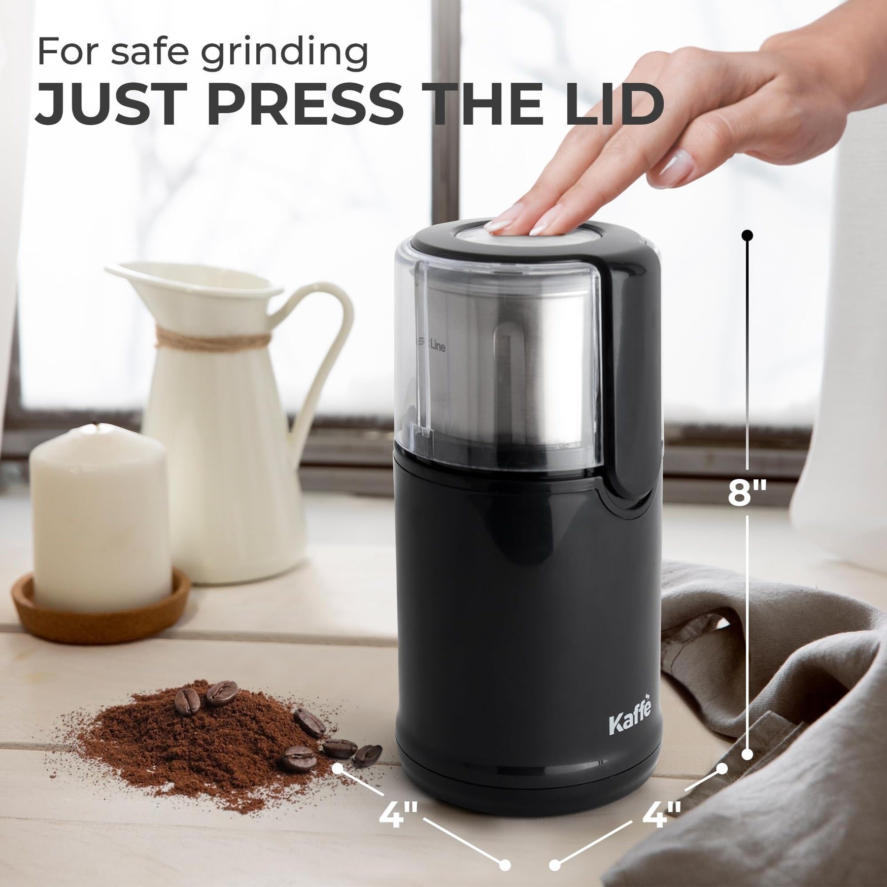 Kaffe Electric Coffee Grinder with Removable Cup (3.5oz) - Black - Cleaning Brush Included - Espresso Coffee Bean Grinder for Home Use