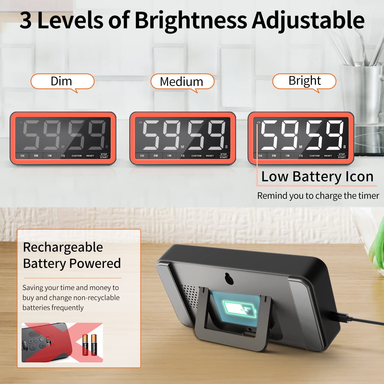 VOCOO Digitaler Küchentimer mit extragroßem 7,8-Zoll-Display, magnetischer LED, mit 3 Helligkeits-, 4 Alarm- und 3 Lautstärkestufen, batteriebetriebener Countdown-Countup-Timer zum Kochen, für den Unterricht, das Heim-Fitnessstudio