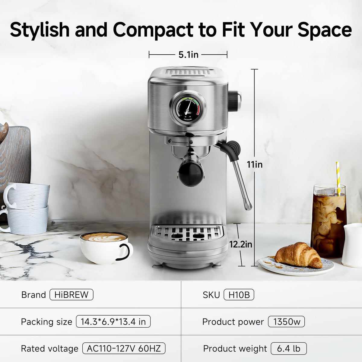 HiBREW H10B Programmierbare Espressomaschine, gebürsteter Edelstahl, einstellbare Temperatur und Tassenmenge, Dampfstab für Milchaufschäumer