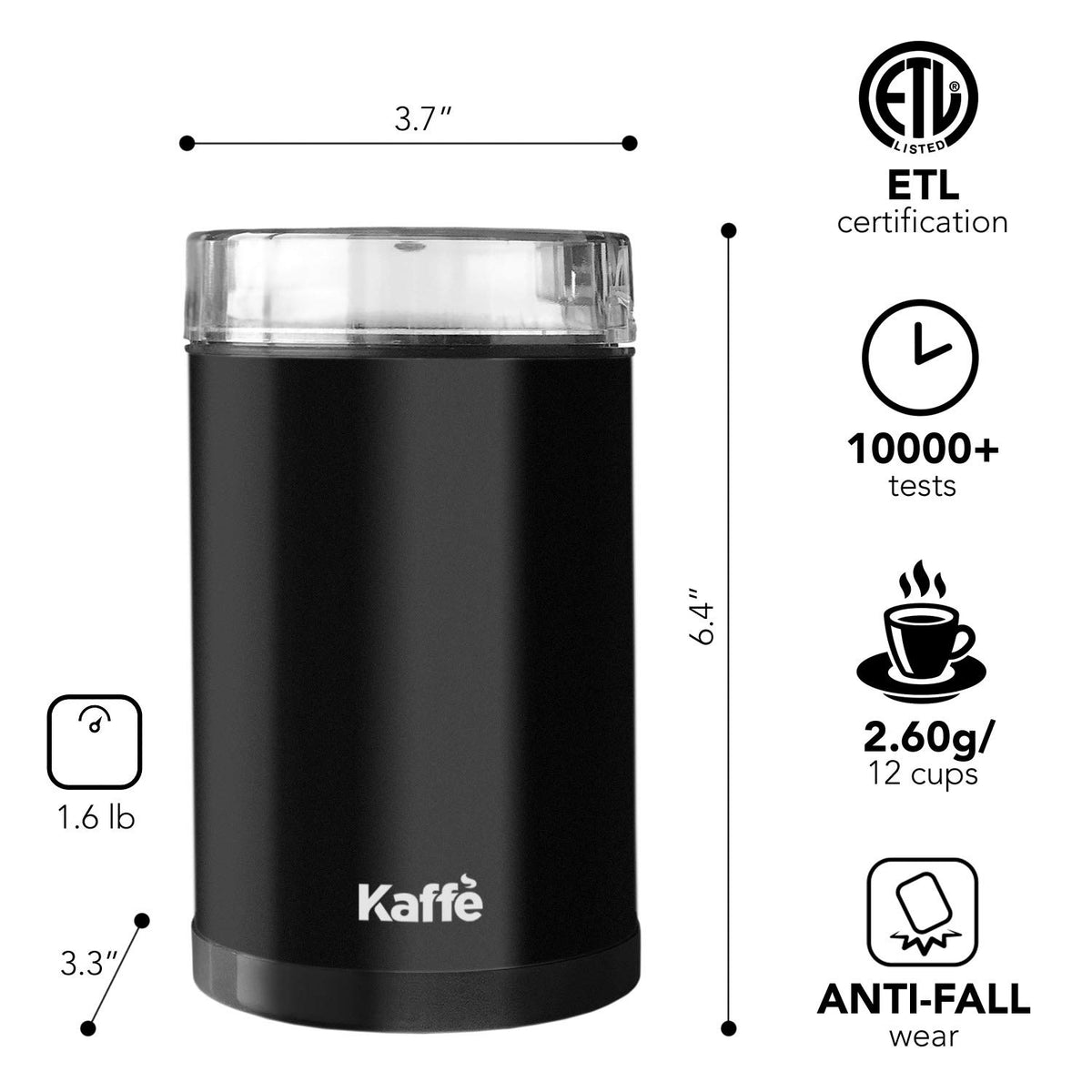 Kaffe One-Touch Coffee Grinder Electric w/Cleaning Brush (3 oz) - Coffee Grinders for Home Use - Up to 12 Cups of Coffee per Grind - Easy On/Off Coffee Bean Grinder - Black