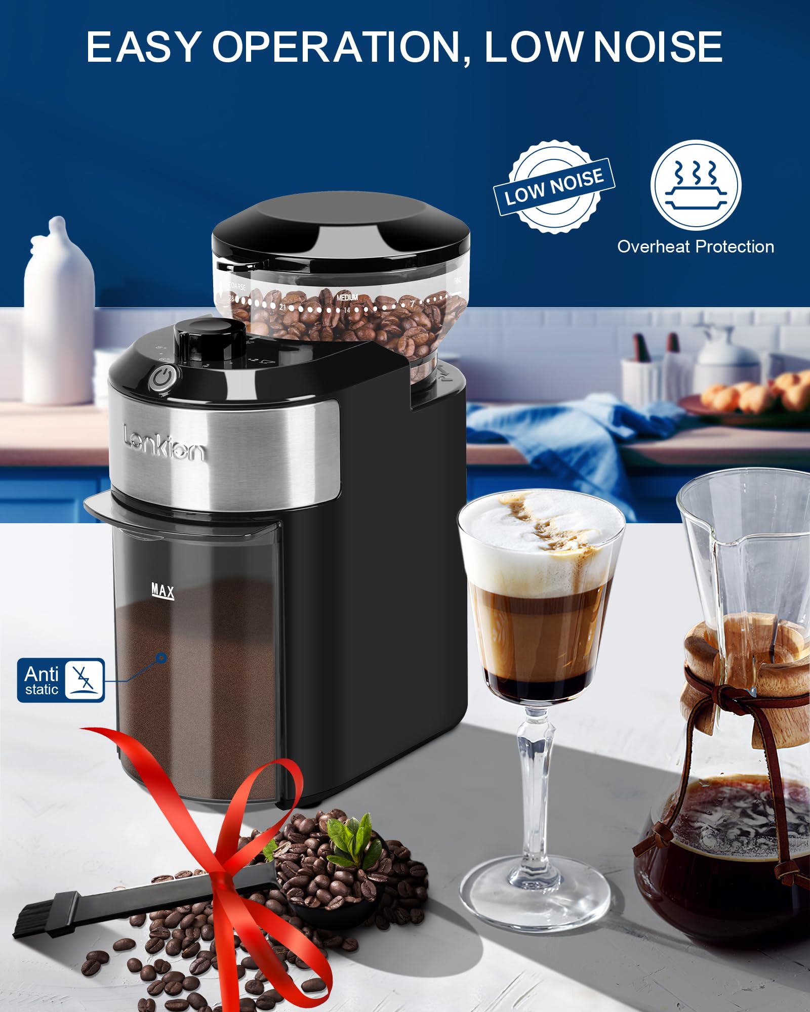 Lonkion Burr Coffee Grinder Electric - Adjustable Burr Grinder with 28 Precise Grind Settings for 12 Cups - Coffee Grinders for Home Use - Professional Coffee Bean Grinder - Stainless Steel