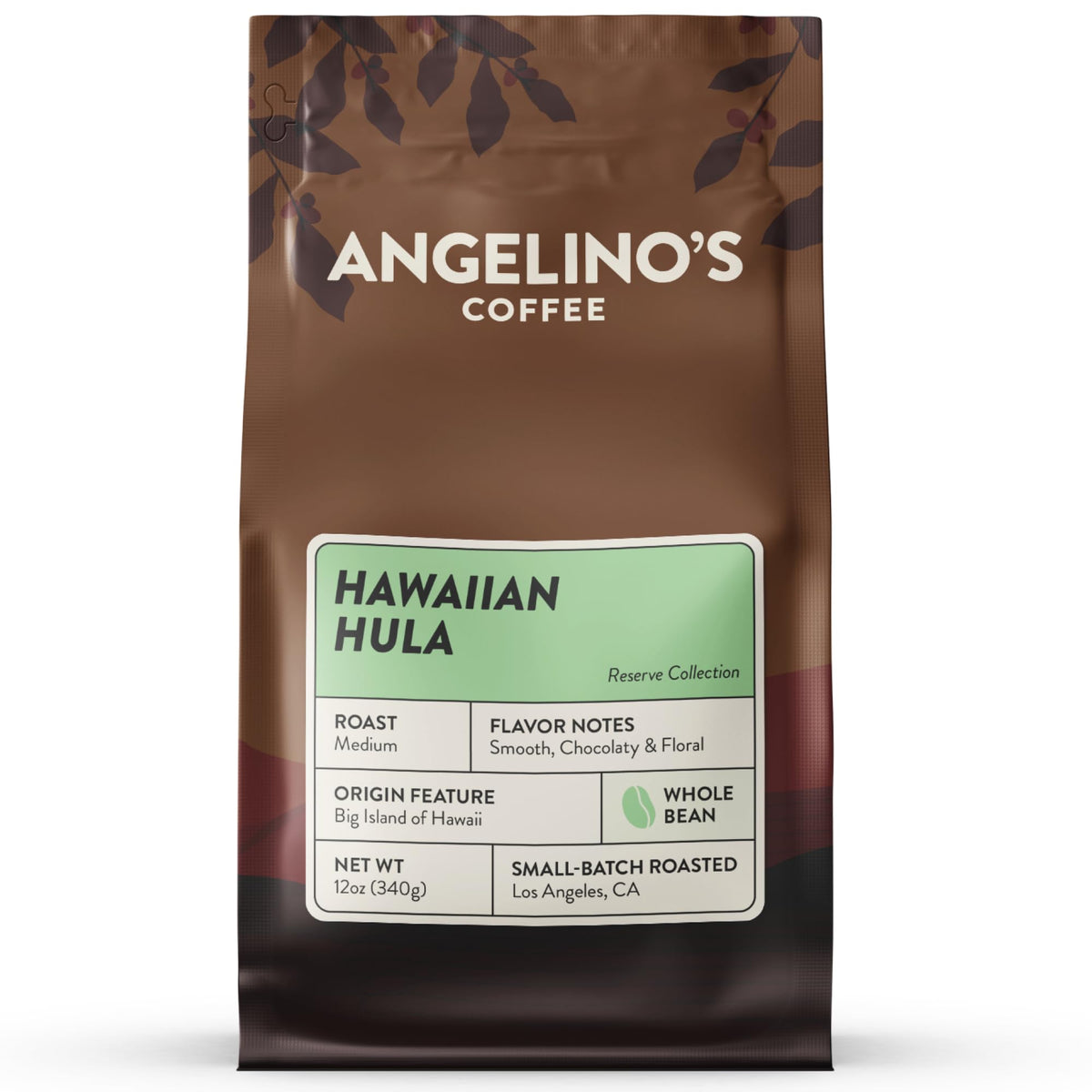 Angelino's Coffee Hawaiian Hula Reserve, ganze Bohnen, hawaiianischer Kaffee, mittlere Röstung mit Schokoladennoten und blumigen Untertönen – Premium-Mischung aus hawaiianischen Kaffeebohnen