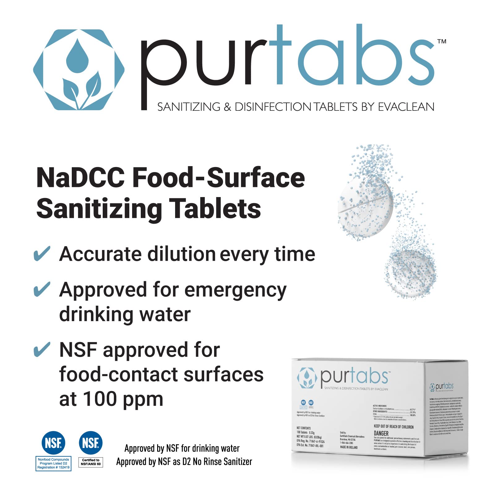 PurTabs 334mg Sanitizer Tablets, NSF D2 Certified, Food Safe, 99.9% Virus & Bacteria Kill, Hypochlorous Acid (HOCl), Cleans, Deodorizes & Disinfects