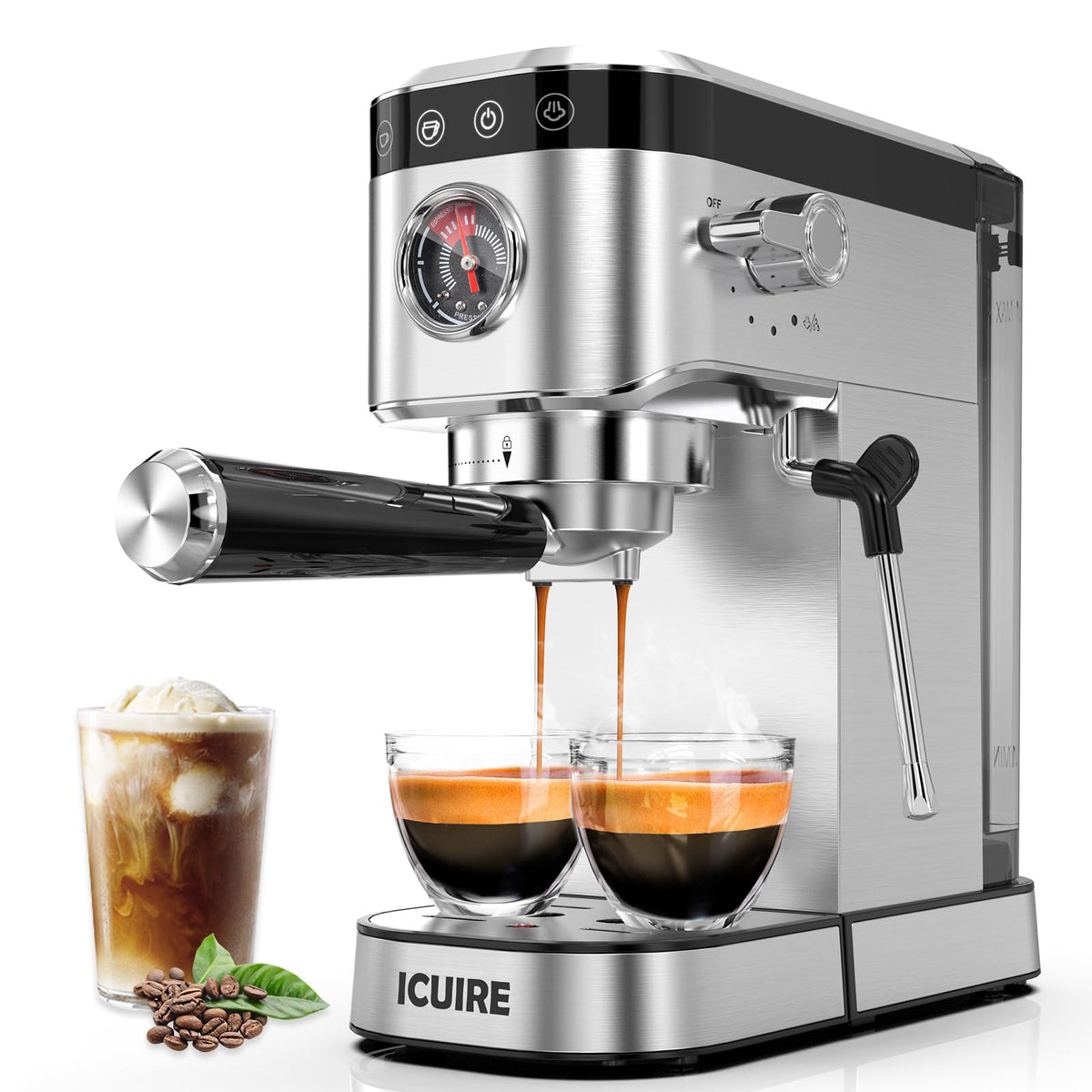 ICUIRE Espressomaschine, 20 Bar kompakte Dampf-Espressomaschine mit Milchaufschäumer, digitalem Touchpanel, 37 oz abnehmbarem Wassertank für Espresso