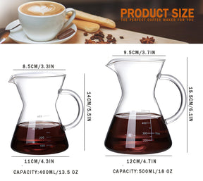 COFISUKI Pour Over Coffee Maker with Reusable Stainless Steel Drip Filter, Glass Drip Coffee Maker Set, Lead-Free Borosilicate Glass Coffee Carafe for 1-2Cup, Clear (400ml/13.5oz)