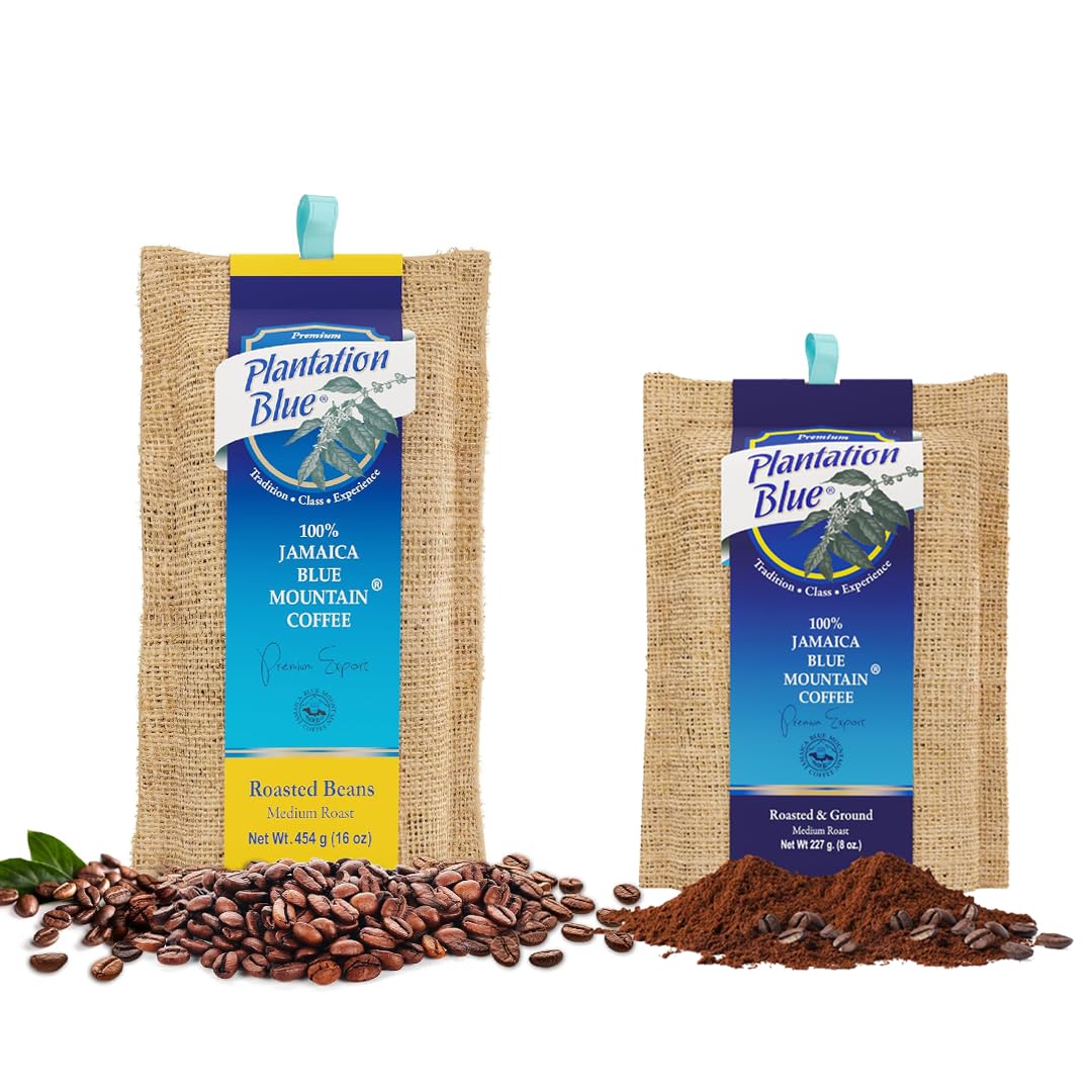 Plantation Blue 1lb Jamaica Blue Mountain Coffee Medium Roast Whole Beans + 8oz Ground Jamaica Blue Mountain Coffee Bundle