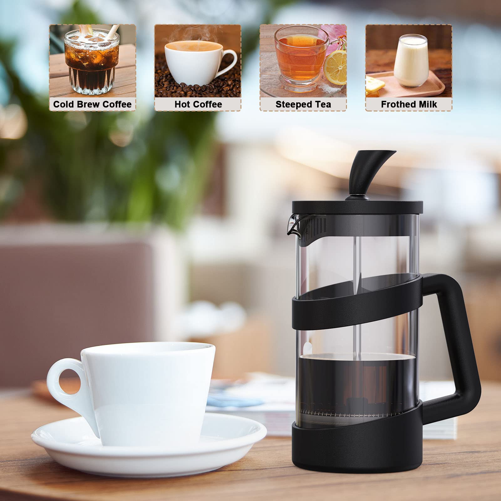 RAINBEAN Mini-French-Press-Kaffeemaschine, 12 oz, Kaffeebereiter zum Erhitzen und Kaltpressen, Camping-Kaffeepresse, kleine French Press und Kaffeepressen 350 ml, Tee- und Milchaufschäumpresse (schwarz, 12 oz)