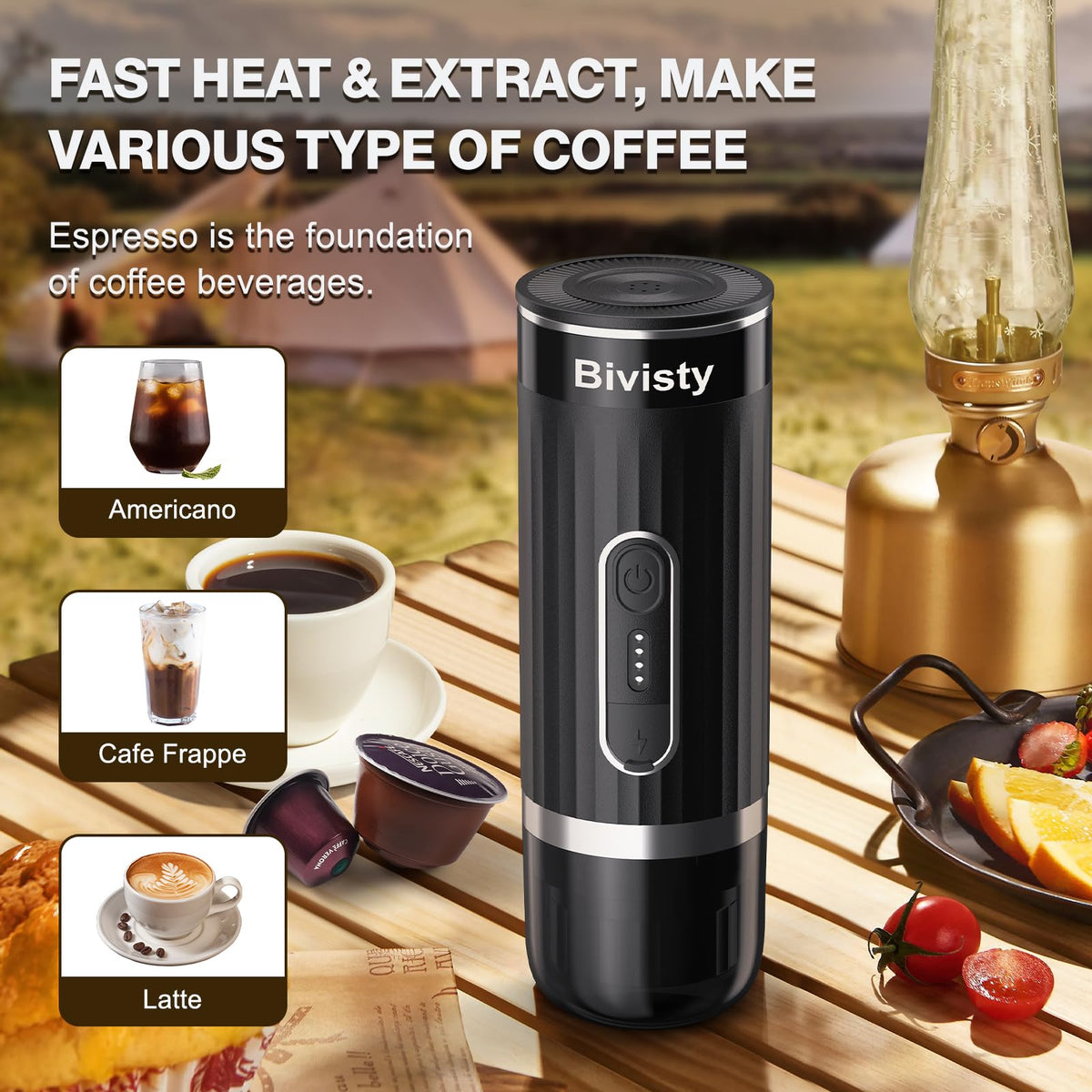 Bivisty Tragbarer Espressokocher für unterwegs, Camping-Kaffeemaschine, elektrisch, selbsterhitzend mit USB-C, gemahlener Kaffee kompatibel mit Nespresso &amp; Dolce Gusto für Wohnmobil, Outdoor, Büro (schwarz)