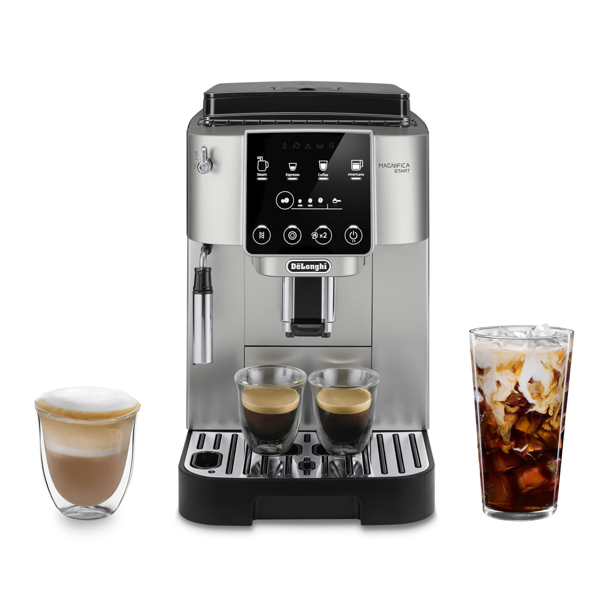 De'Longhi Magnifica Start 自動エスプレッソ&amp;コーヒーマシン、ラテ、カプチーノ用手動ミルク泡立て器付き、内蔵グラインダー、シルバー、ECAM22022SB