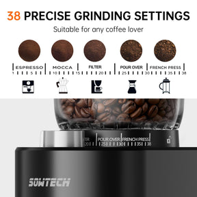 SOWTECH Kaffeemühle mit konischem Mahlwerk, einstellbares Mahlwerk mit 38 präzisen Mahlgradeinstellungen, Präzisionstimer, für Espresso/Filterkaffeemaschine/Pour Over/Cold Brew/French Press-Kaffeemaschine (schwarz)