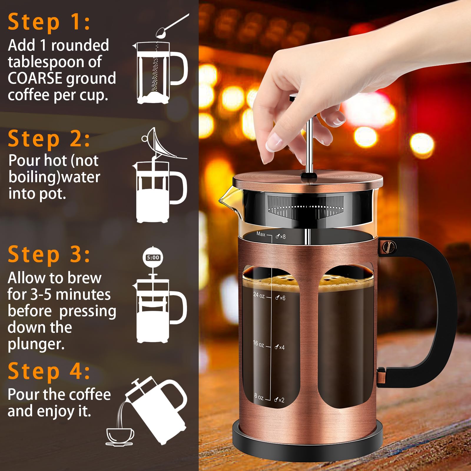 YMMIND French Press Kaffeemaschine (34oz 1Quart 5-6Tassen) Kaffeepresse, mit 4 Filtersystem, hitzebeständiges dickes Borosilikatglas, kalt gebrühter Kaffee, Teekanne, Geschenke (Kupfer)