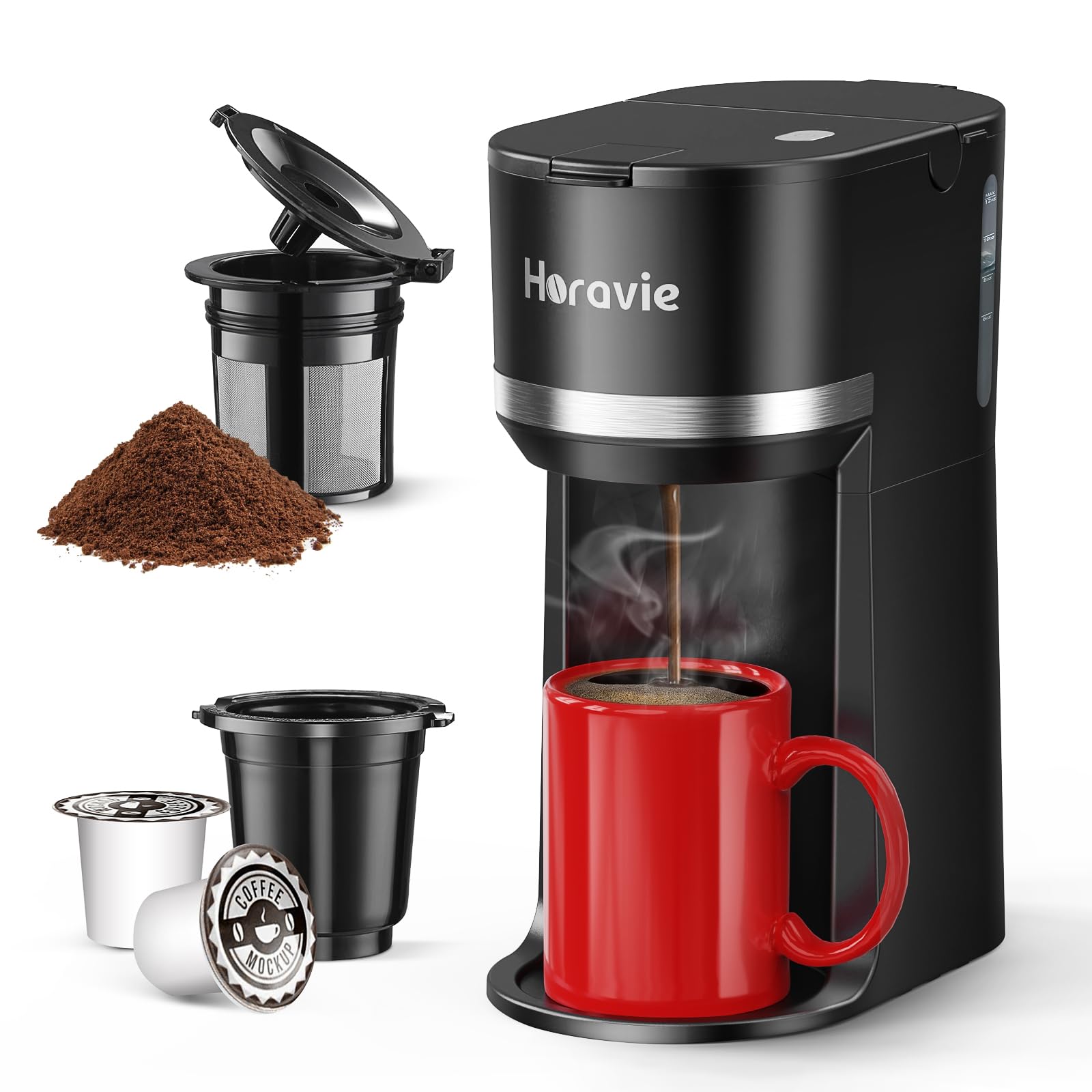 Horavie Mini-Einzelportionskaffeemaschine für K-Cup und gemahlenen Kaffee, Schnellbrüh-Einzeltassen-Kaffeemaschine mit Entkalkungserinnerung und Wasseranzeige, Brühgrößen von 6 bis 12 oz, schwarz