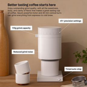 Fellow Opus Conical Burr Coffee Grinder - All Purpose Coffee Grinder Electric - Espresso Grinder with 41 Settings for Espresso, Drip, French Press, & Cold Brew - Matte White