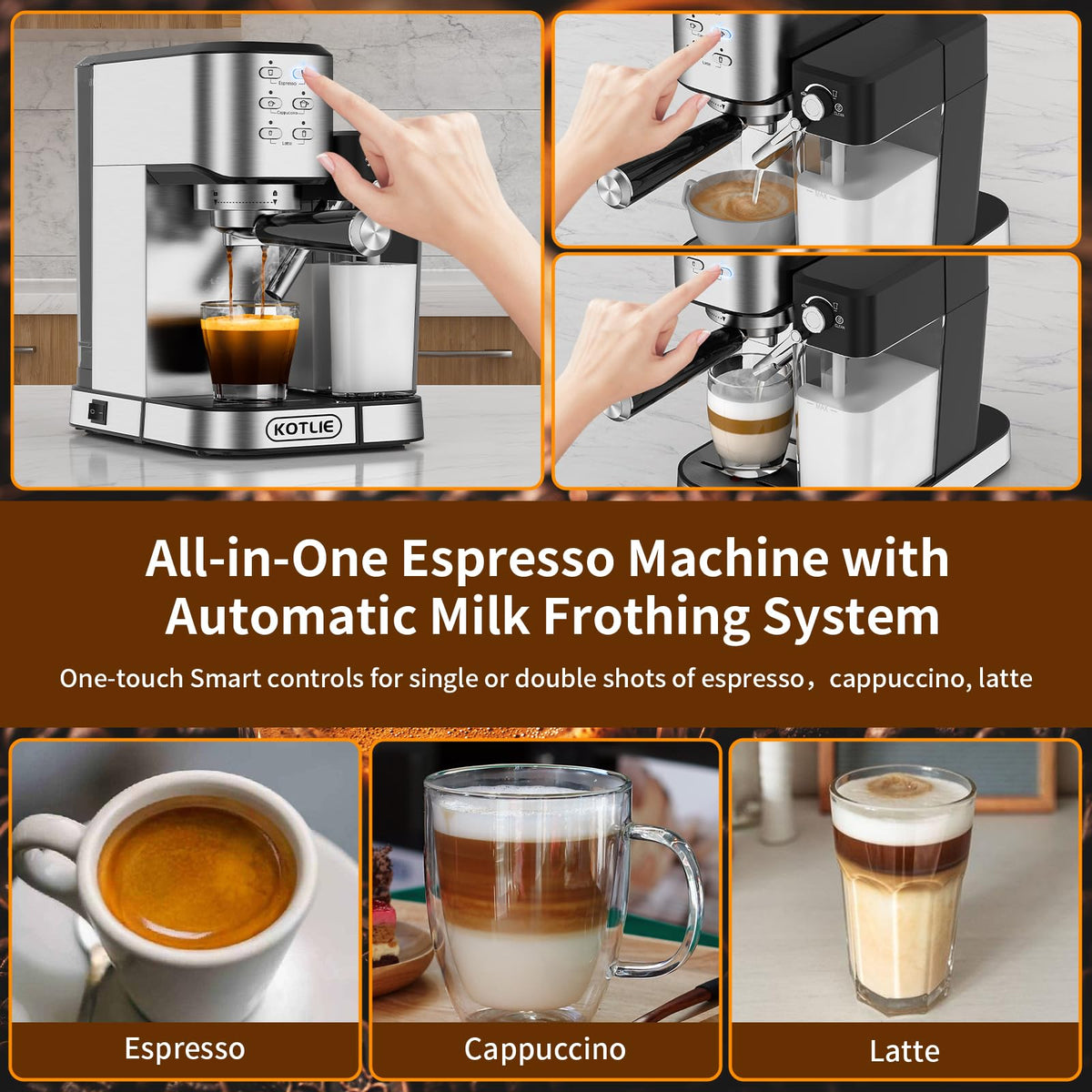 KOTLIE Espressomaschine mit Milchaufschäumer, One-Touch-Kaffeemaschine für Espresso/Cappuccino/Latte, ESE-Pad-kompatibel, 20-Bar-Pumpe, Dual-Heat-System 1350 W und 900 W (120 Volt) (Metall)