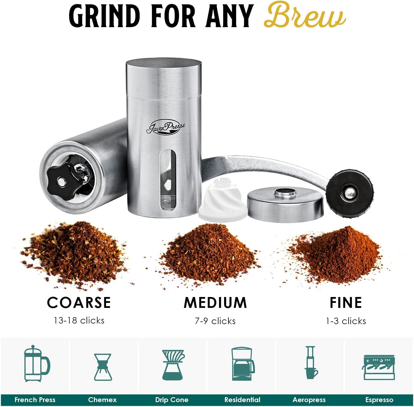 JavaPresse Manual Stainless Steel Coffee Grinder - 18 Adjustable Settings, Portable Conical Burr Grinder for Camping, Travel, Espresso - With Hand Crank