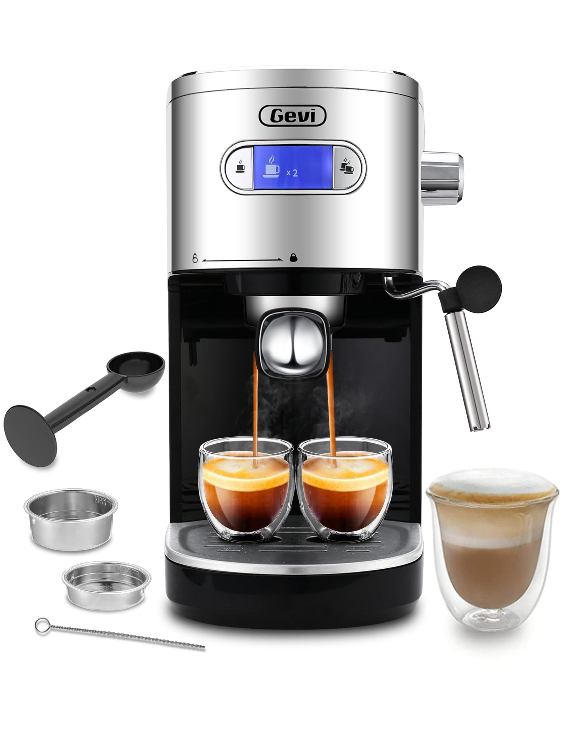 Gevi Espressomaschinen, 20 Bar, schnelles Aufheizen, automatische Cappuccino-Kaffeemaschine mit Milchaufschäumer für Espresso, 1,2 l abnehmbarer Wassertank, doppeltes Temperaturkontrollsystem, 1350 W, schwarz