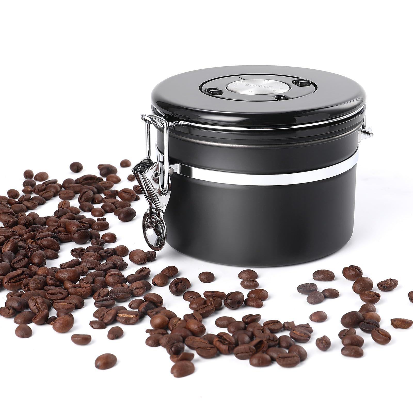 malmo Kaffeedose, luftdichter Kaffeebehälter mit Deckel mit Datumsanzeige, Edelstahldose zur Aufbewahrung von Lebensmitteln in der Küche, 250 ml, schwarz (22, Zylinder, 1, KF) (BK 250 ml)