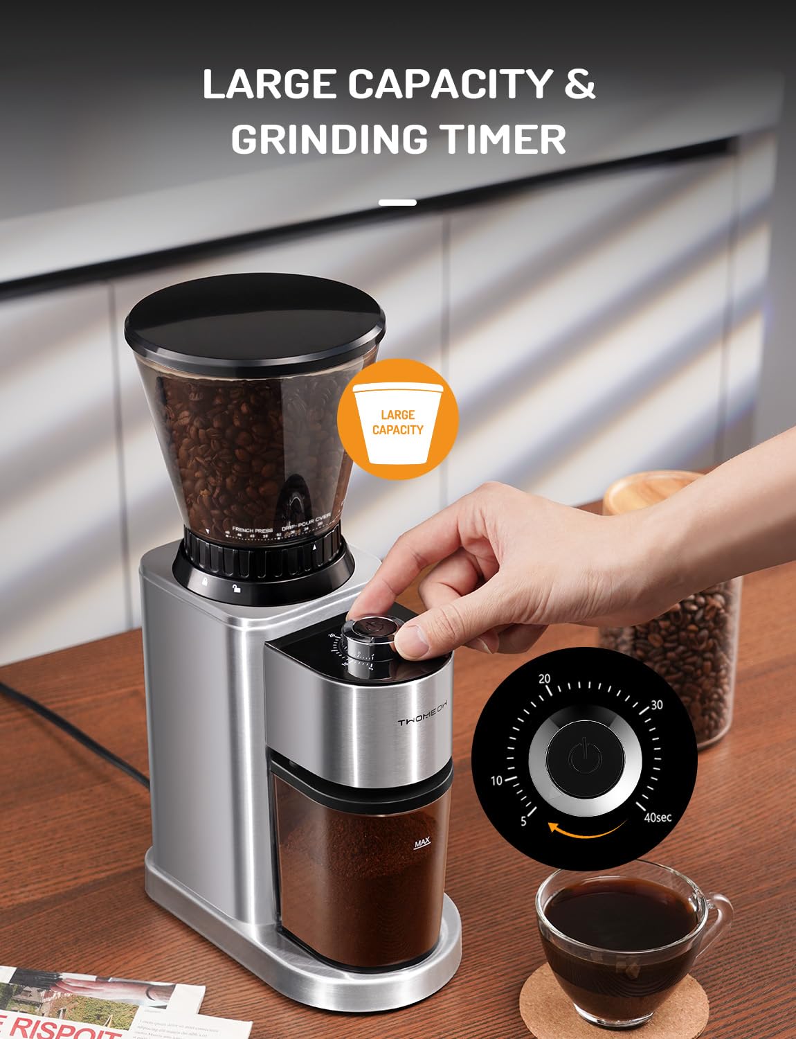 TWOMEOW Conical Burr Coffee Grinder Electric, Upgrade Anti-static Electric Espresso Coffee Bean Grinder for Home Use,48 Precise Grind Settings for 2-20 Cups, Stainless Steel