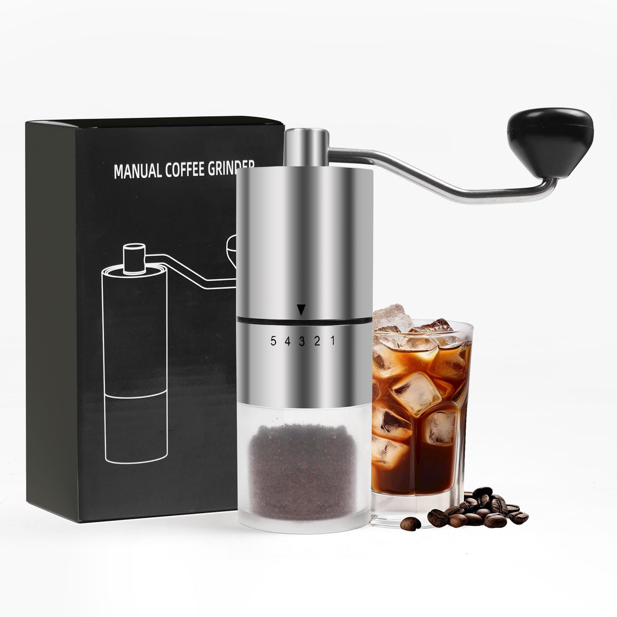 Rsoilch Manuelle Kaffeemühle mit Keramikmahlwerk für Espresso, French Press, 5 einstellbare Einstellungen, Handmühle mit eingebautem Mahlwerk, für den Heimgebrauch und Campingreisen, Kaffeebohnenmühlen mit Handkurbel