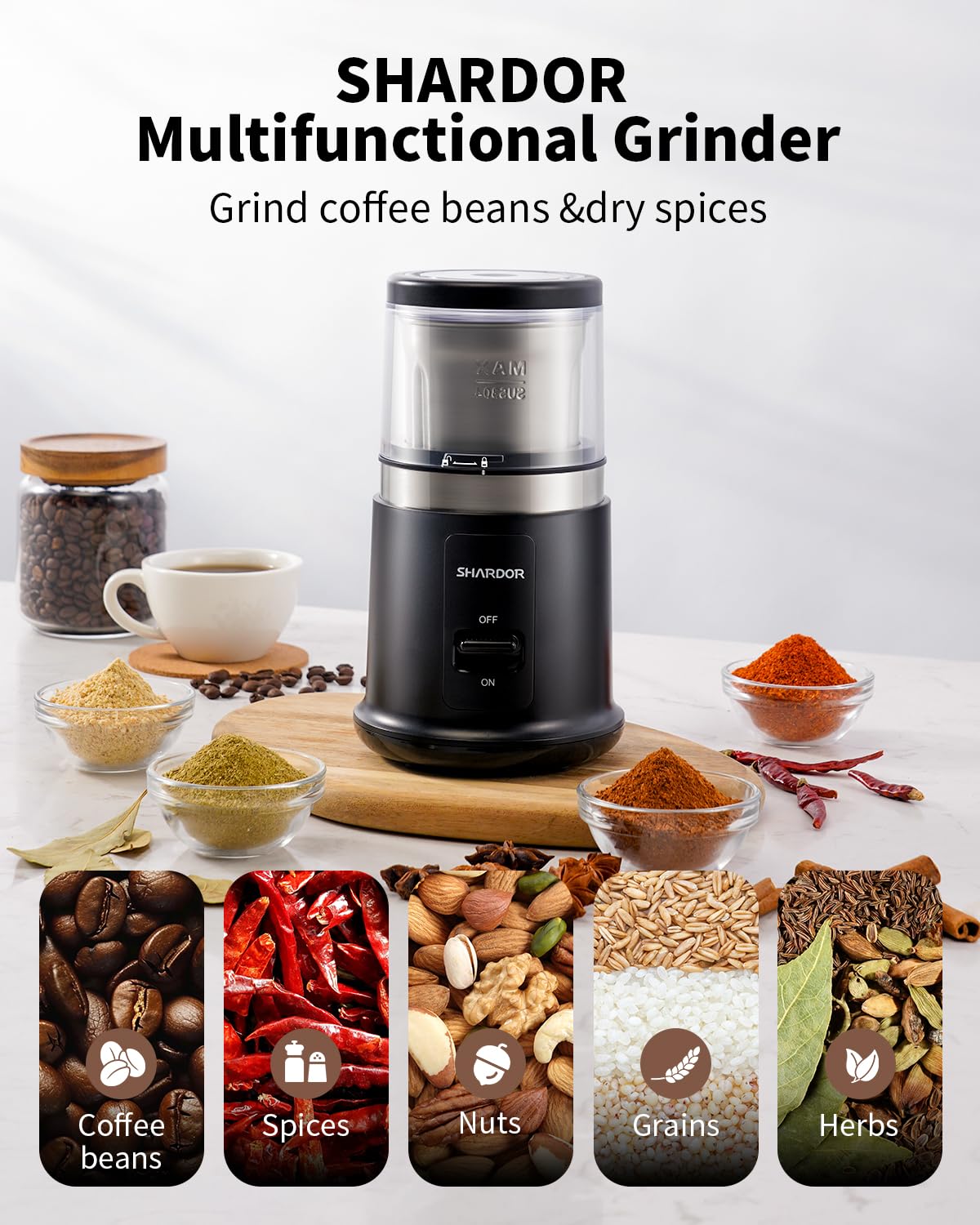 SHARDOR One Touch Coffee Grinder Electric, Spice Grinder, Herb Grinder, Grinder for Coffee Bean Spices and Seeds with 1 Removable Stainless Steel Bowl, Dry Grinder, Black