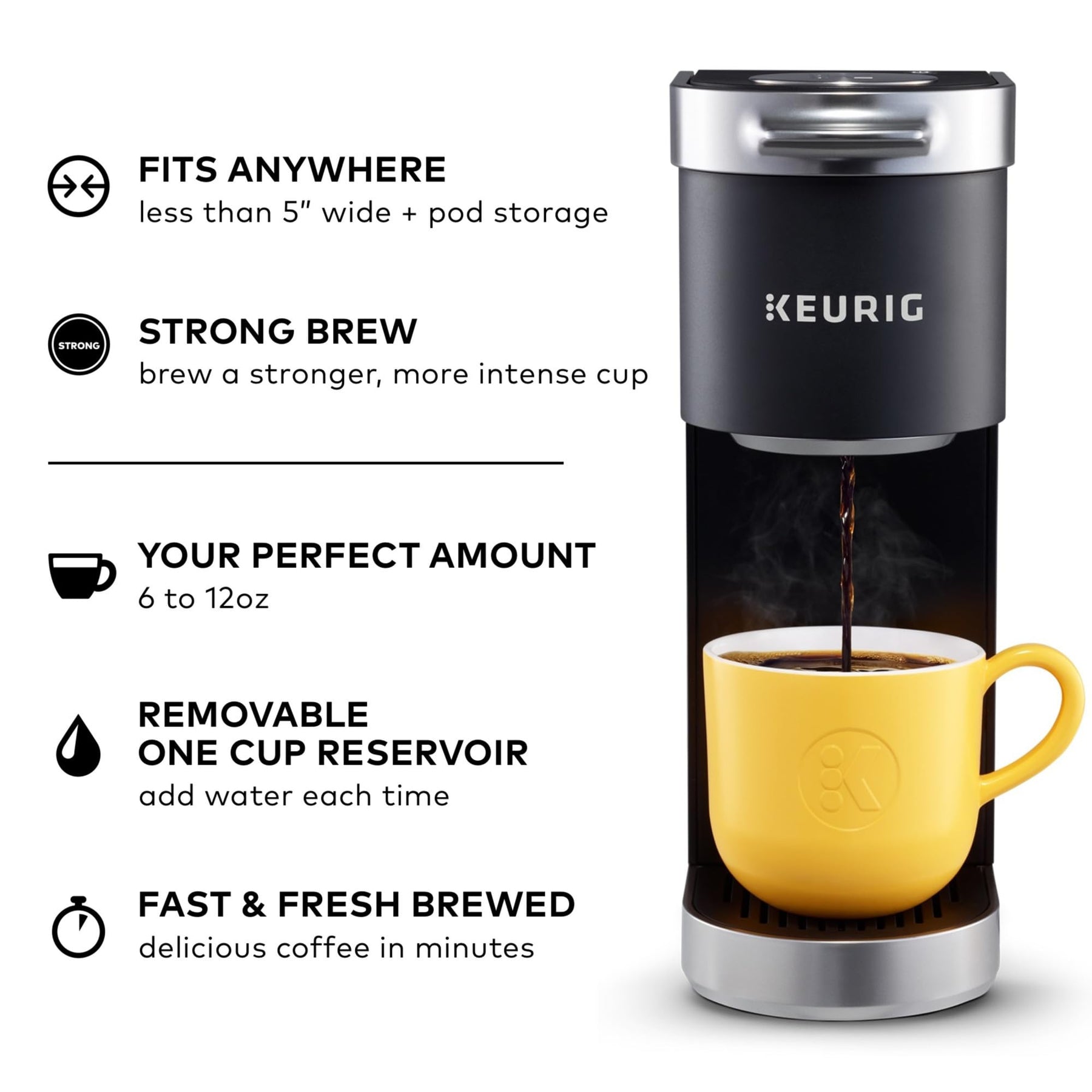 Keurig K-Mini Plus Einzelportions-K-Cup-Pad-Kaffeemaschine, mit Brühgröße von 6 bis 12 oz, fasst bis zu 9 K-Cup-Pads, Reisebecher-freundlich, Mattschwarz