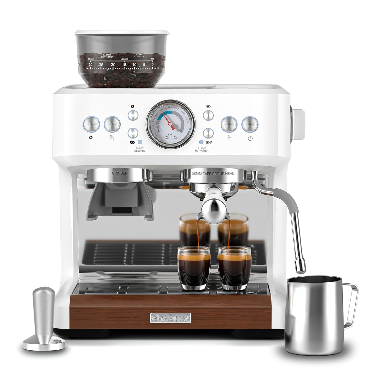 COUPLUX Espressomaschine mit Mahlwerk, Kaffee- und Espressokocher-Kombi, All-in-One-Kaffeemaschine, 20-Bar-Café-Espressomaschine mit Milchaufschäumer, 58-mm-Siebträger, Latte-Cappuccino-Maschinen für zu Hause