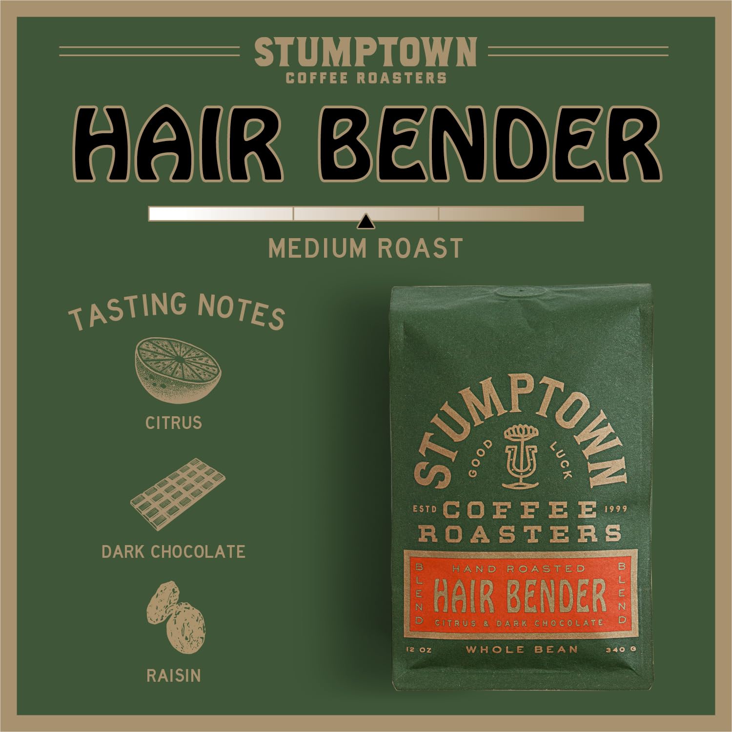 Stumptown Coffee Roasters, Medium Roast Whole Bean Coffee - Hair Bender 12 Ounce Bag with Flavor Notes of Citrus and Dark Chocolate