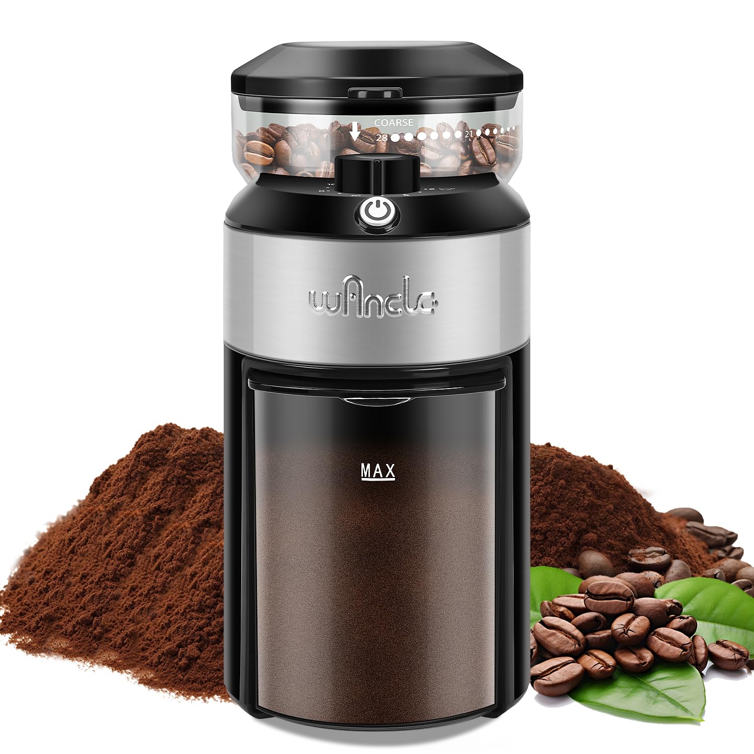 Wancle Burr Coffee Grinder Flat Burr Coffee Grinder with 28-Setting, Precise Grinding with 2-12 Cup Capacity, Easy to Clean, Compact and Space-Saving Design