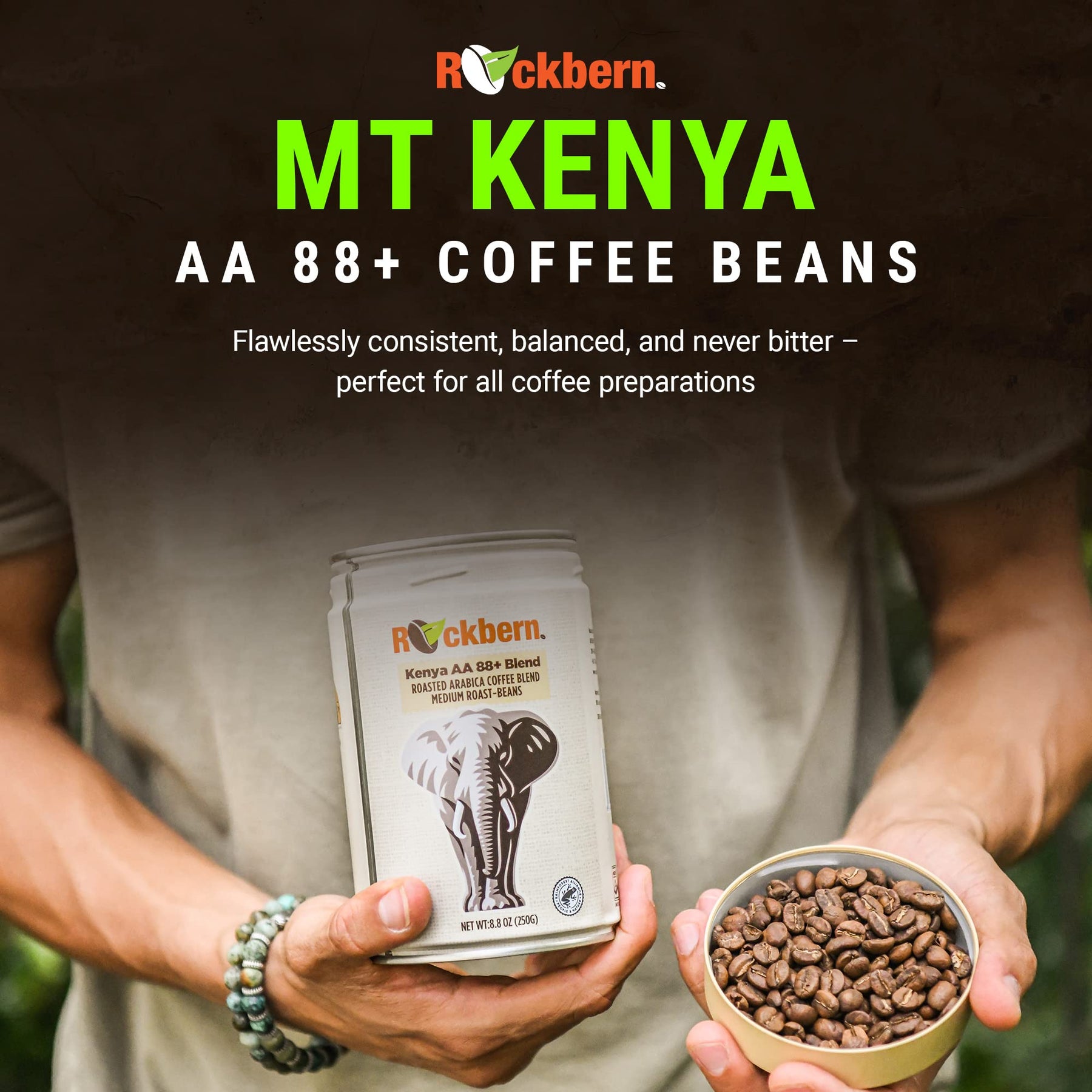 Rockbern Mt Kenya AA 88+ Coffee Beans - Medium Roast Kenyan AA Whole Bean Arabica Blend, 8.8 Ounce - Rainforest Alliance Certified