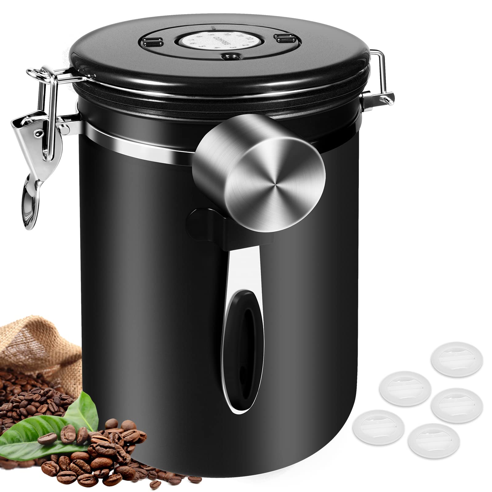 Luftdichte Kaffeedose, 35 oz, groß, 2,2 lbs Kaffee-Aufbewahrungsbehälter, luftdichte Kaffeedose aus Edelstahl mit Messlöffel, Datumsanzeige und CO2-Ablassventil für Bohnen, gemahlenen Kaffee, Tee, Mehl und Zucker, 2,8 l