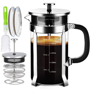 YMMIND French Press Kaffeemaschine, 21 oz Kaffeepresse aus 304 Edelstahl, mit 4 Filtersystem, hitzebeständiges dickes Borosilikatglas für die French Press, BPA-freie Teekanne mit Kaffeekolben