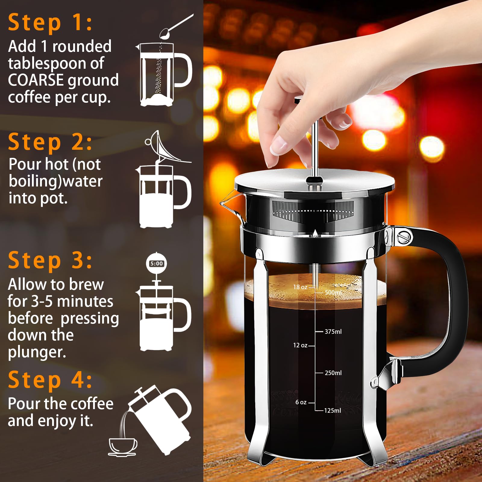 YMMIND French Press Coffee Maker 21oz 304 Stainless Steel Coffee Press,with 4 Filters System, Heat Resistant Thickness Borosilicate French Press Glass, BPA-Free Brewed Tea Pot Coffee Plunger