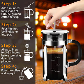 YMMIND French Press Kaffeemaschine, 21 oz Kaffeepresse aus 304 Edelstahl, mit 4 Filtersystem, hitzebeständiges dickes Borosilikatglas für die French Press, BPA-freie Teekanne mit Kaffeekolben