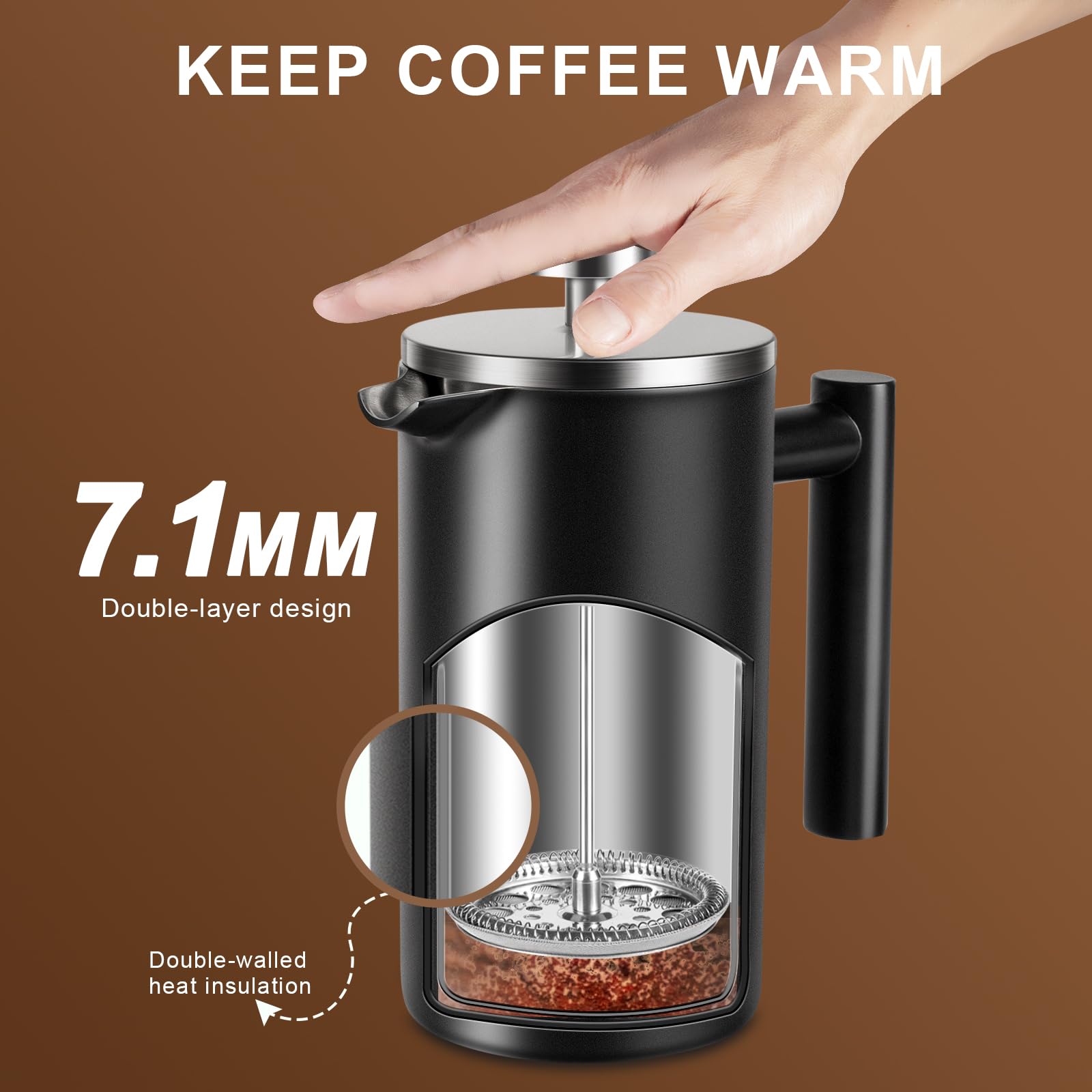 SZHETEFU 34 OZ Large French Press, Premium Stainless Steel Sturdy Insulated French Press Coffee Maker, 4-8 Cups French Coffee Press, Tea Presses for Home Kitchen Caming Loose Tea, Elegant Black