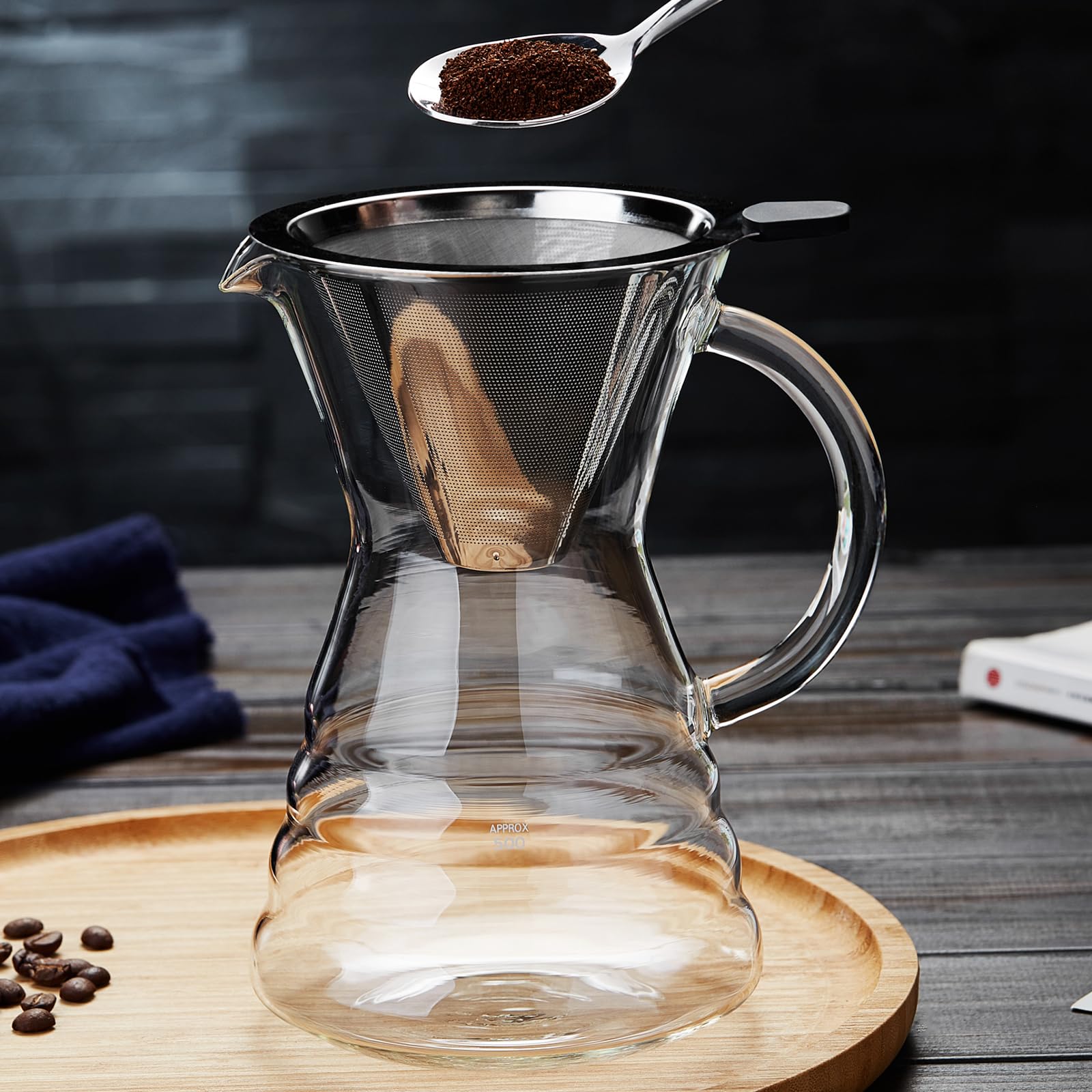 Unzerbrechlicher Pour-Over-Kaffeebereiter mit permanentem Edelstahlfilter für 8 Tassen, verdicktes, hitzebeständiges Borosilikatglas, Tropfkaffeemaschine, herdplattensicher