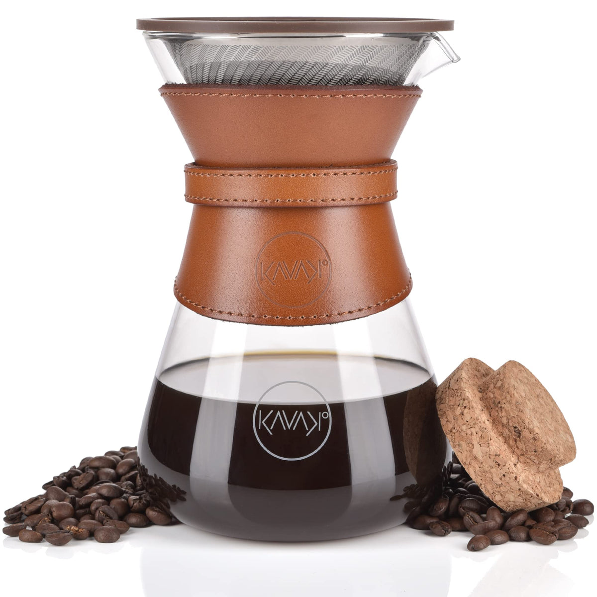 Pour Over Coffee Maker Set with Double-Layer Stainless Steel Filter, Coffee Dripper, Cork Lid and Leather Collar Holder - High Heat Resistance Borosilicate Glass Carafe, Great Gift Idea (37 oz)