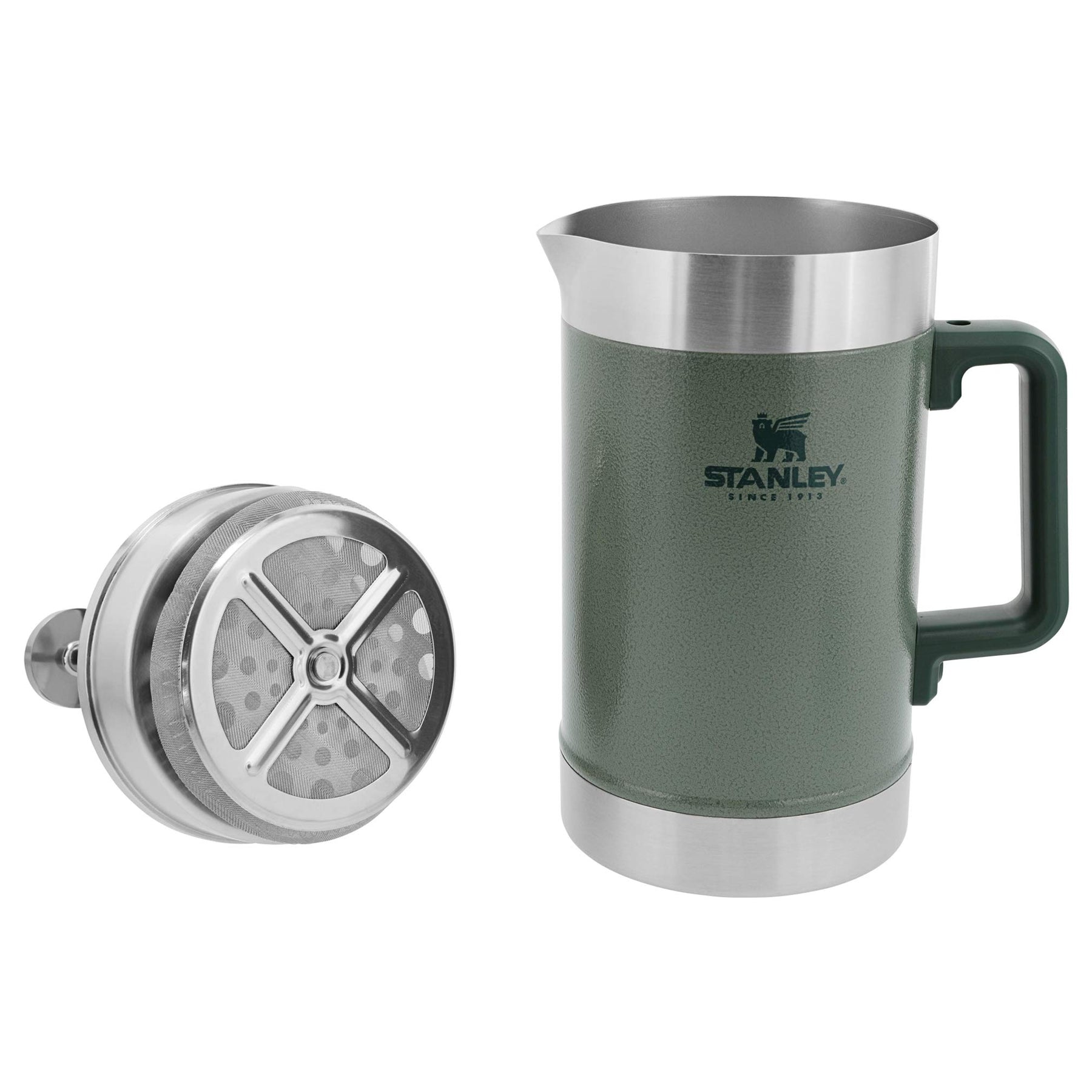 Stanley French Press 48oz with Double Vacuum Insulation, Stainless Steel Wide Mouth Coffee Press, Large Capacity, Ergonomic Handle, Dishwasher Safe, Hammertone Green