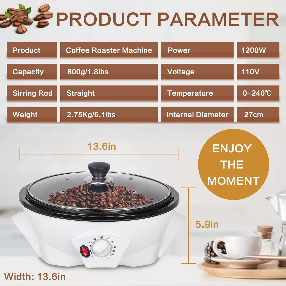 JIAWANSHUN Electric Coffee Bean Roaster Machine 500g(1.1lb) for Home Use,1200W Nut Roaster,for Beginner 110V