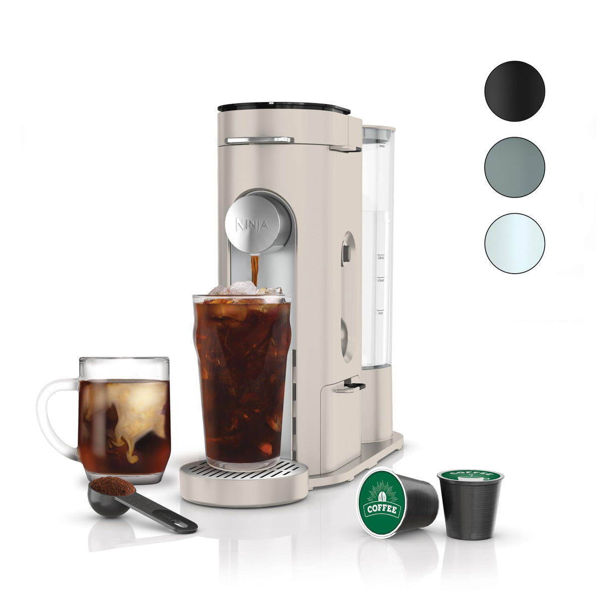 Ninja Pods &amp; Grounds Einzelportionskaffeemaschine, K-Cup-Pad-kompatibel, brüht gemahlenen Kaffee, kompaktes Design, 56-oz.-Behälter, Brühgrößen für 6-oz.-Tasse bis 24-oz.-Reisebecher, Eiskaffeemaschine, Stein, PB041ST