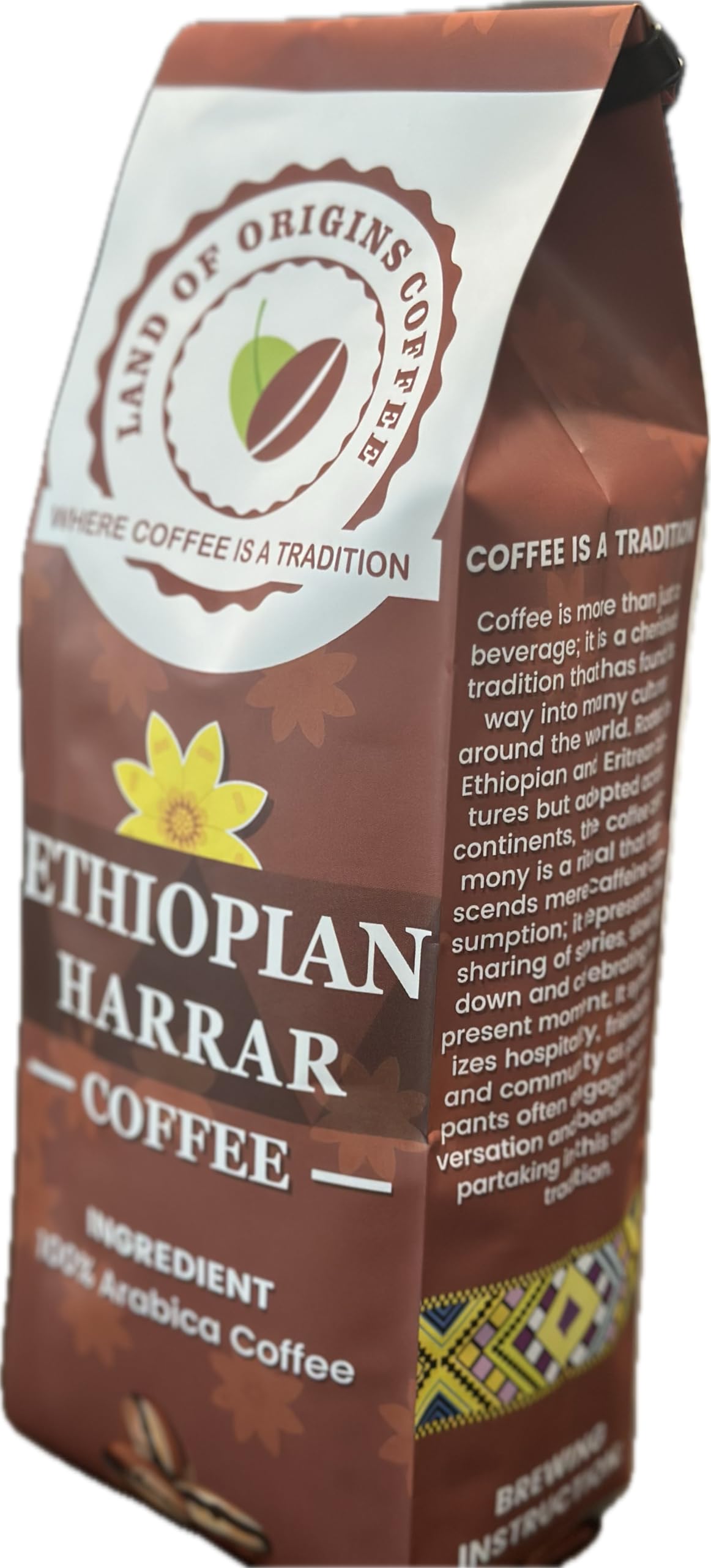 Land of Origins Coffee ETHIOPIAN HARRAR WHOLE BEANS COFFEE, medium roast, single origin,100% Arabica, natural Ethiopian coffee 16oz (1 pound)